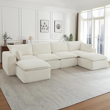 Oversized U Shape Boneless Couch, 140" Modular Sectional Sofa with 2 Ottoman, Modern Corduroy Upholstered Cloud Sofa with Deep Seat, Comfy Convertible 6 Seater Sleeper Couches for Living Room, White