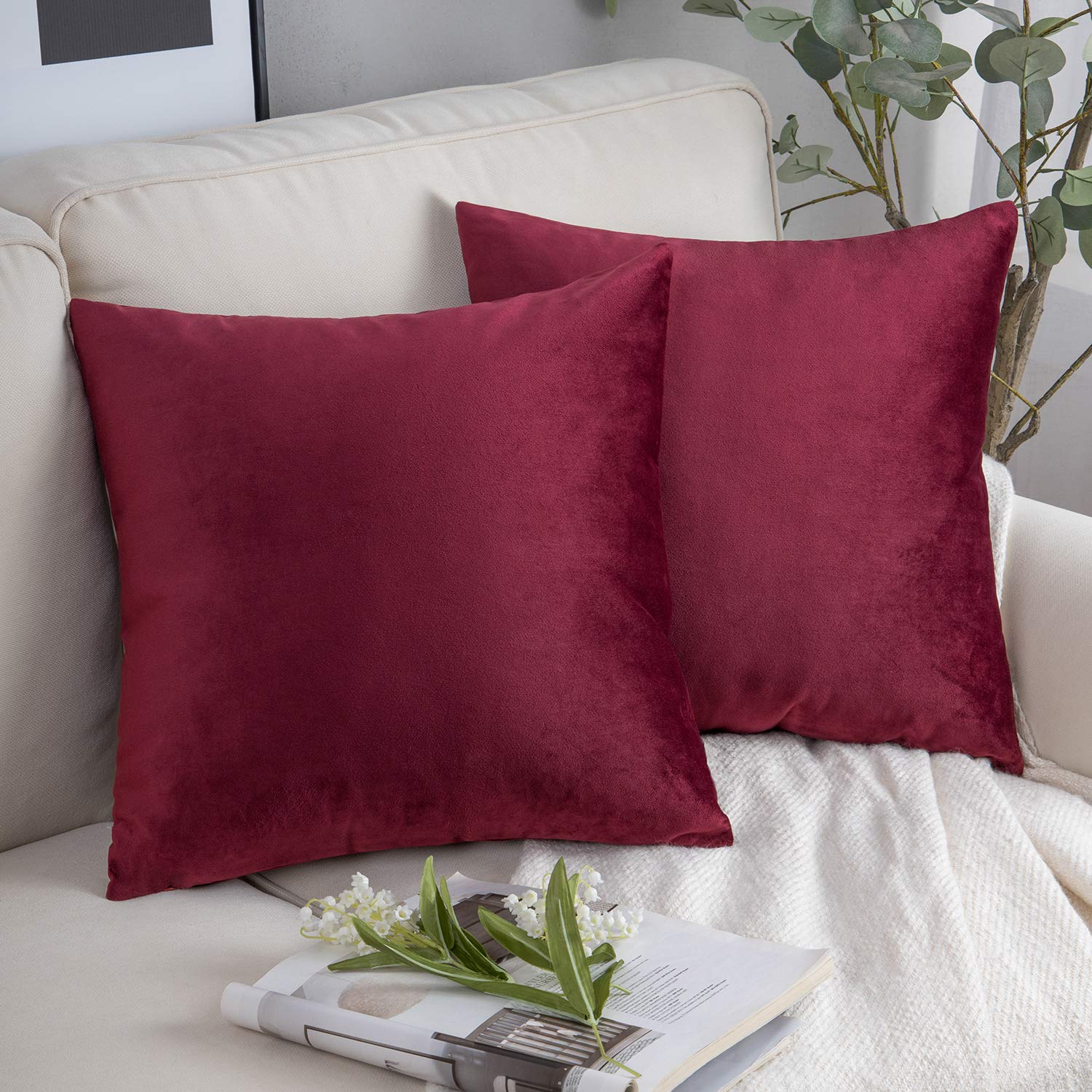 Phantoscope Pack of 2 Velvet Decorative Throw Decorative Pillow Cover Soft Solid Square Cushion Case for Couch Dark Red 20 x 20 inches 50 x 50 cm