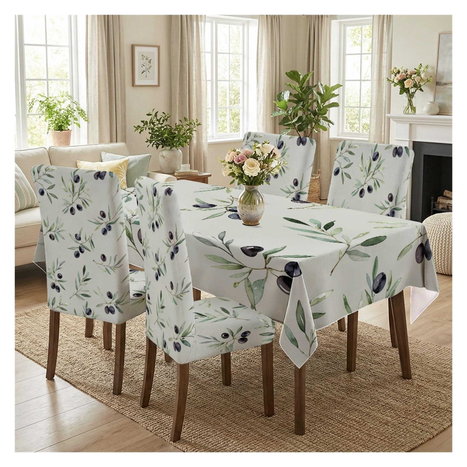 BOSUYBN Watercolor Olive Branch Dining Tablecloth & Chair Covers Set, 5/7 Piece Natural Minimal Boho Farmhouse Dining Decor Table Setting(5pcs Set: Tablecloth+Chair Covers)