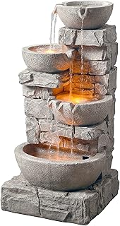 Teamson Home Water 4 Tiered Bowls Floor Stacked Stone Waterfall Fountain with LED Lights and Pump for Outdoor Patio Garden...