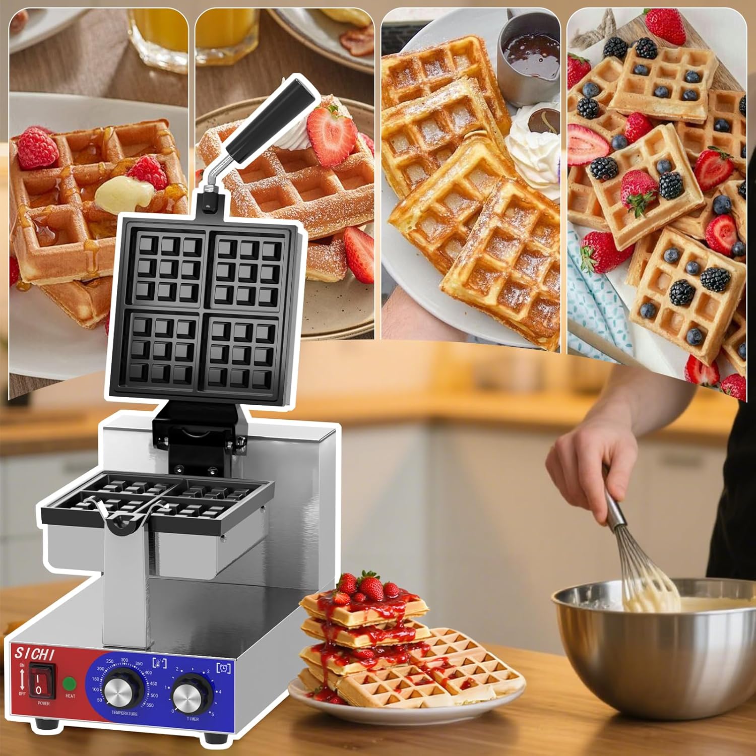 Commercial Waffle Maker -Belgian Waffle Maker w/Non-stick Baking Pan and 550℉ Heating, 1200W Rotating Waffle Iron for 1.2" Thick, Stainless Steel Square Waffle Machine for Hotel Restaurant
