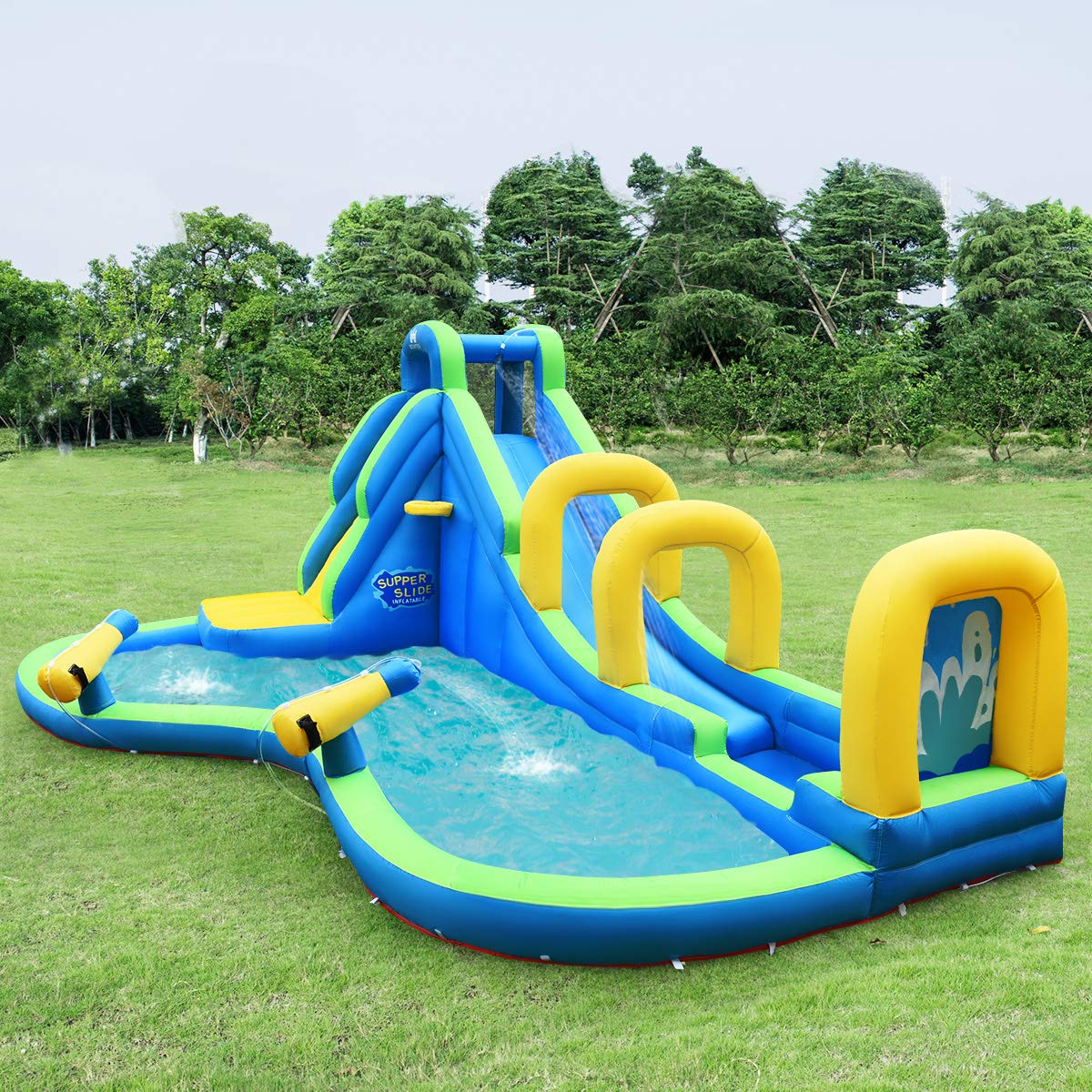 COSTWAY Hüpfburg Wasserrutsche Spielpool Aufblasbare, Wasserspielcenter mit Rutsche, Wasserpark aufblasbar, Planschbecken 478x366x242cm (Hüpfburg mit Gebläse)