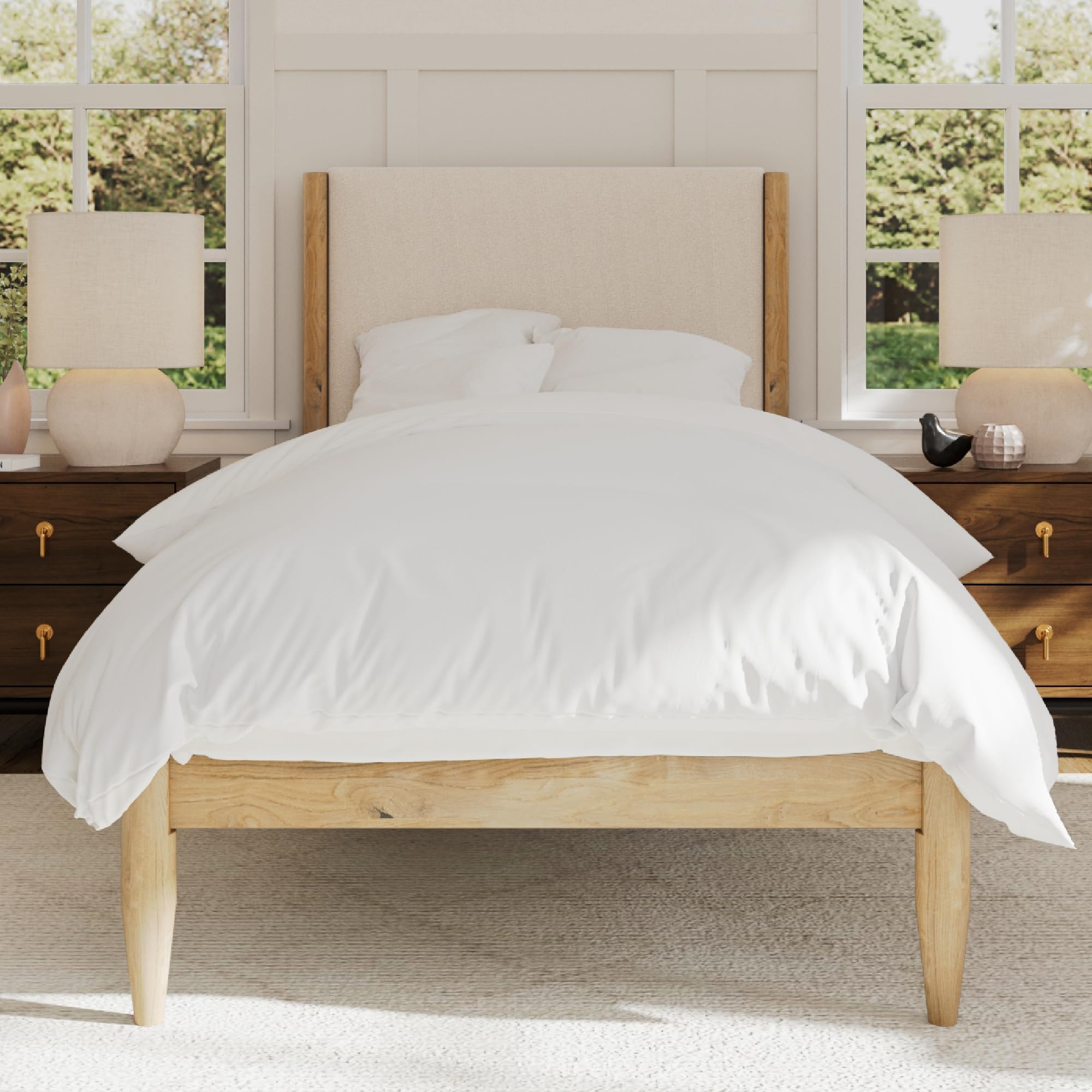 DG Casa Solid Wood Boucle Mid-Century Modern Twin Size Wooden Platform Bed Frame - Upholstered in Taupe Boucle - Natural Finish