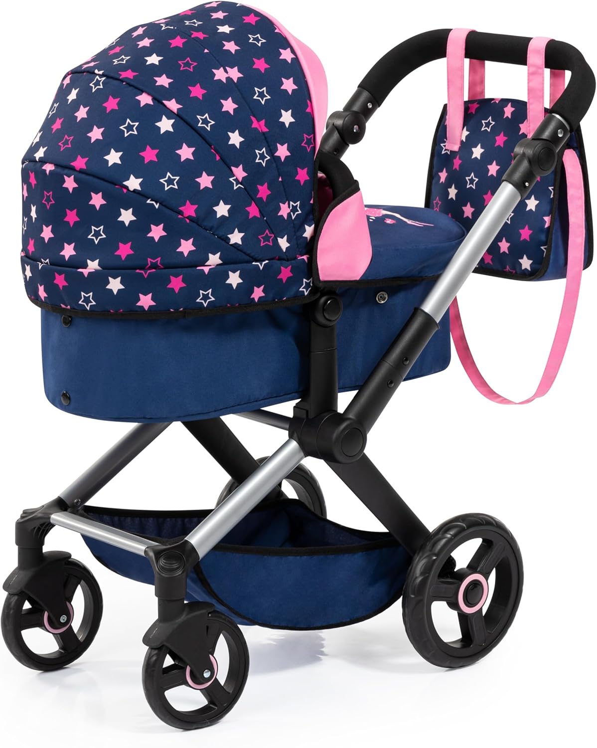 Bayer: Pram Xeo - Blue, Pink, Stars - Includes Shoulder Bag, Fits Dolls Up to 18", Convertible to A Pushchair, Adjustable Handle & Swivel