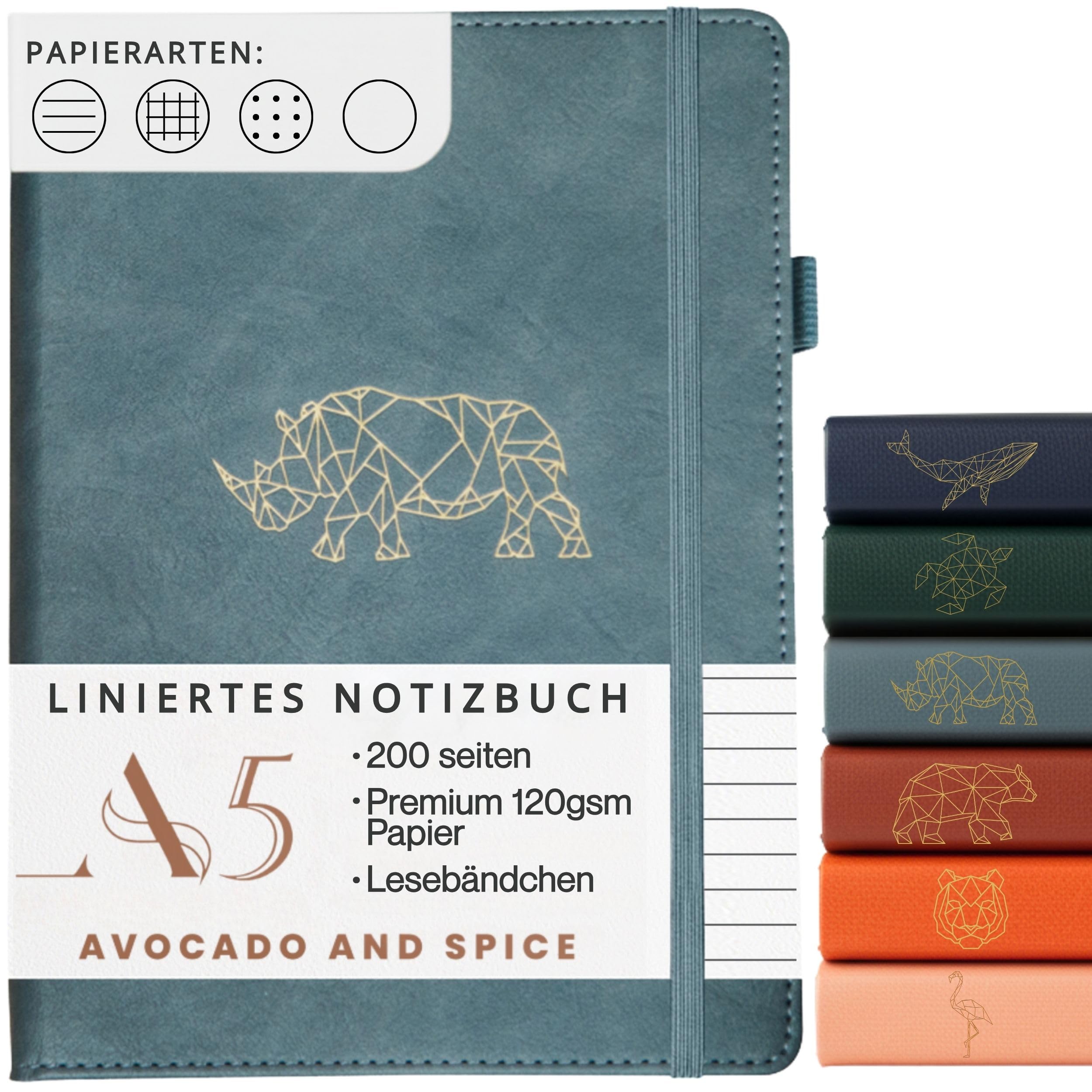 Cuaderno A5 forrado por Avocado and Spice® – Cuaderno de tapa dura A5 – Bloc de notas de piel sintética – marcapáginas, correa elástica, soporte para bolígrafos, 200 páginas gruesas (gris, rayado)