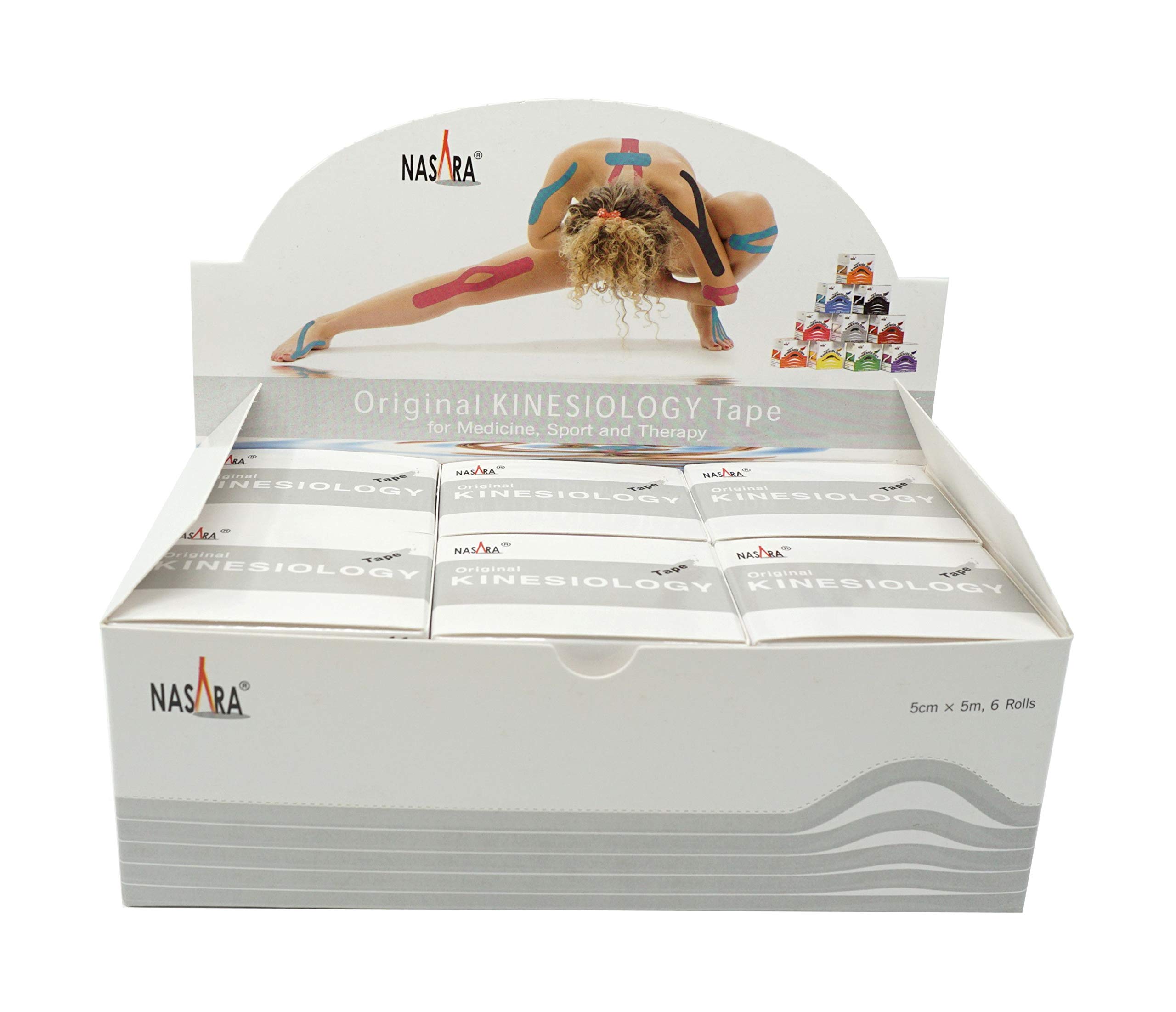 ATC Handels GmbH Nasara - Cinta de kinesiología (5 m x 5 cm, 6 unidades, incluye instrucciones con técnicas de pegado, resistente al agua y transpirable), color blanco