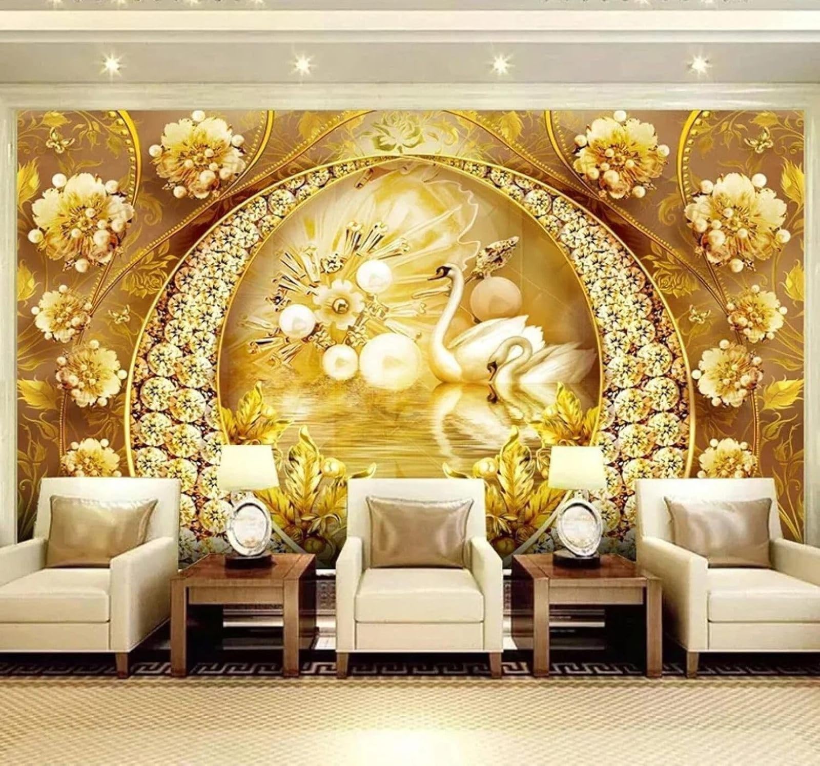 XLMING Swan Lake Gold Diamond Flower Luxury 3D Wallpaper Luxury Home Dining Decor Paste Sofa Living Room The Wall for Bedroom Mural-400cm×280cm