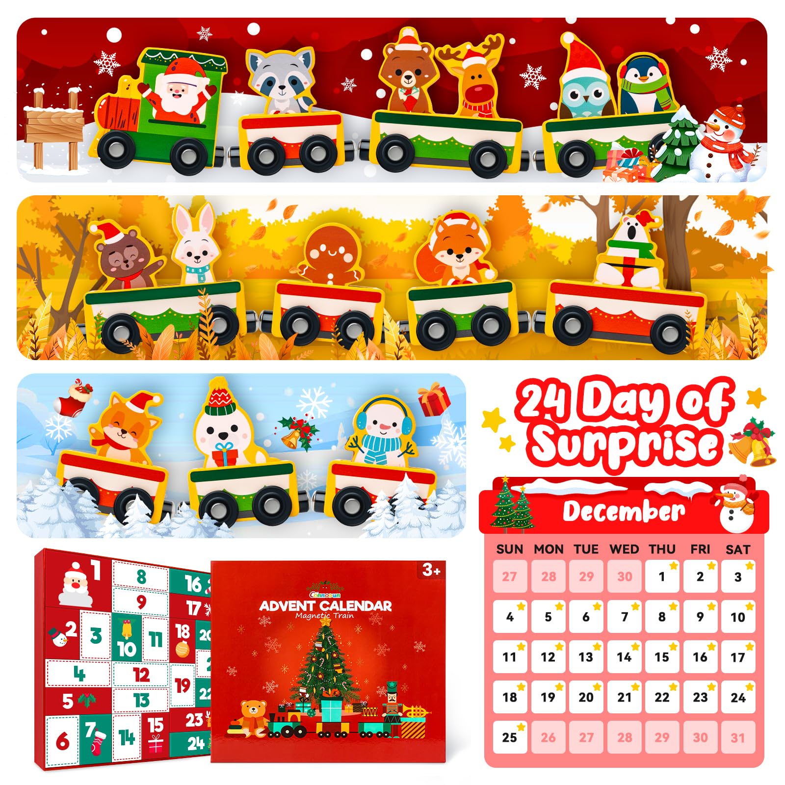 Calendario dell'Avvento 2025, Commodum Calendario dell'avvento con 24 Trenino Legno Bambini, Trenino Legno Giocattolo per Bambini, Regalo Giocattoli Bambina, Regali di Natale Originali per Bambina