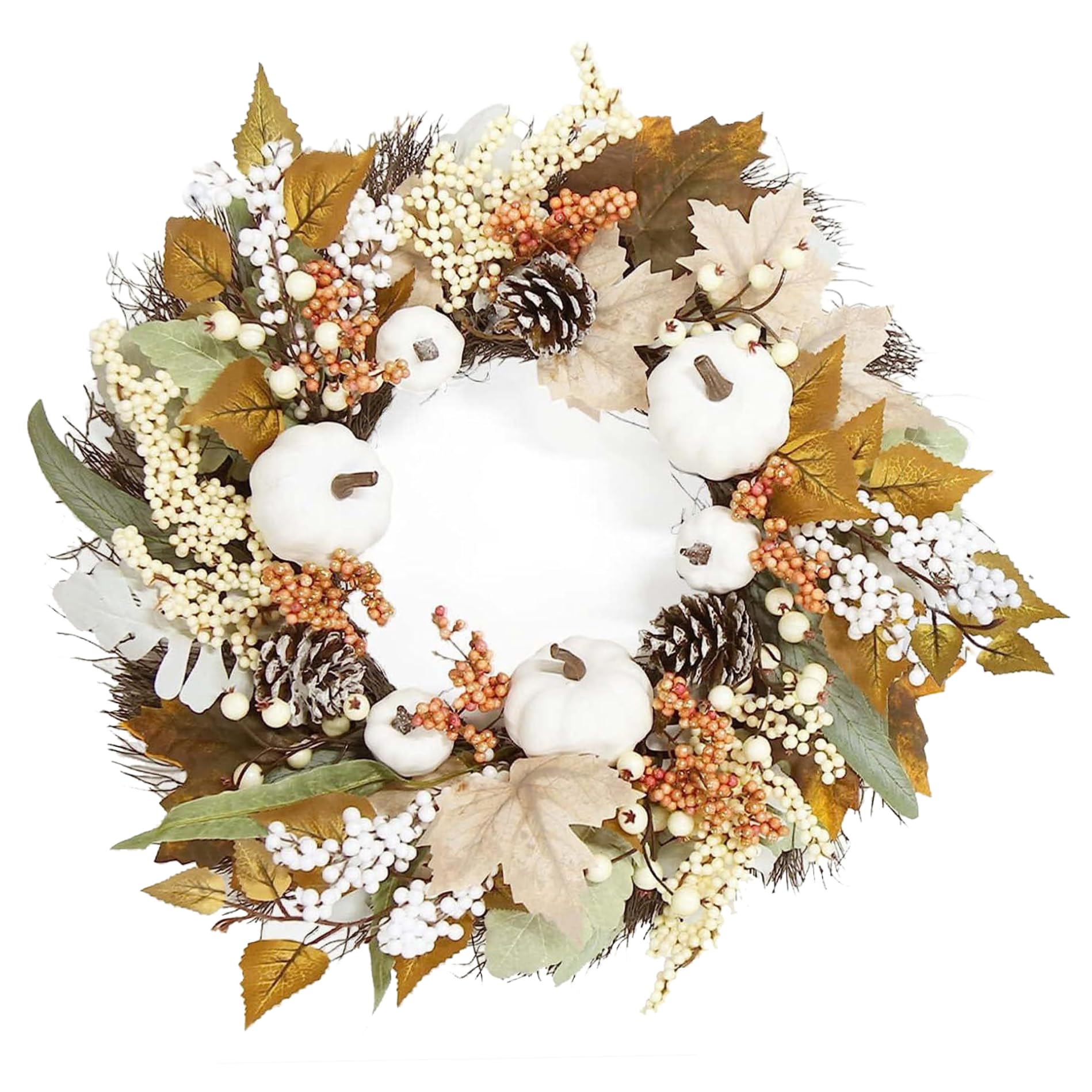 Herbstkränze für die Haustür, 45,7 cm großer Herbst-Türkranz mit Ahornblättern, Kürbis, Tannenzapfen und Beeren, Herbstdekorationen aus Kunststoff für Zuhause, Erntedankfest, Halloween, Bauernhofernte