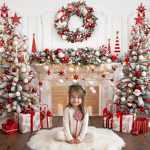 Miniatura 2 de Mocsicka Telón de fondo para chimenea de Navidad blanco y rojo, fondo para fotografía de árbol de Navidad, invierno, Navidad, familia, niños, fiesta