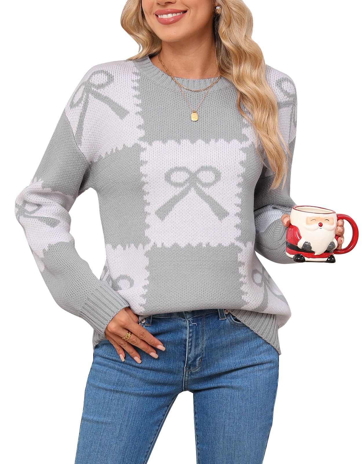 shermie Women Check Sweater 2025 Fall Winter Long Sleeve Crew Neck Color Block Bow Pullover Sweaters