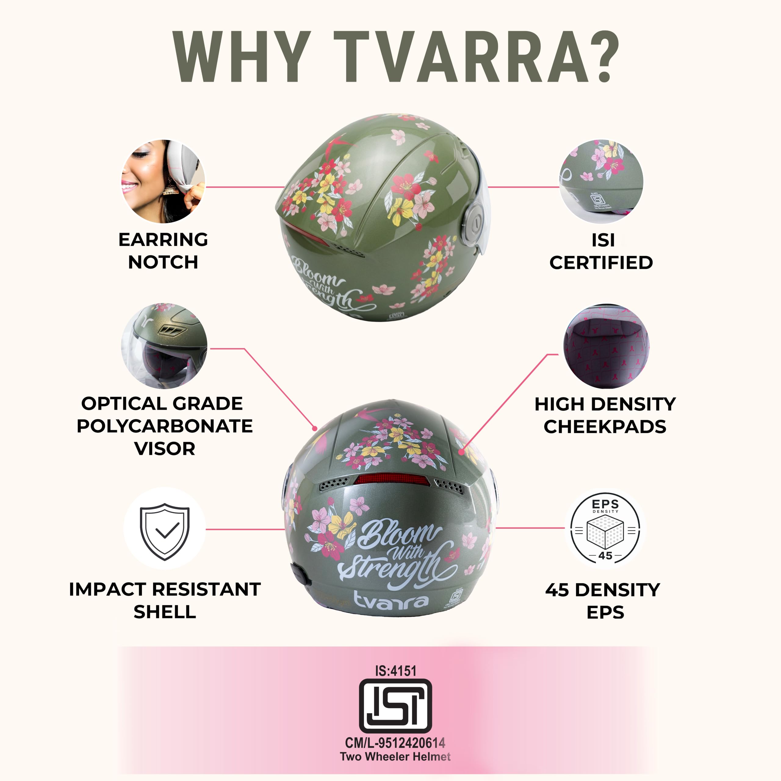 TVARRA Blossom ISI Certified Women’s Open Face Helmet Designer Helmet, Lightweight and Rainproof, Crafted for Women, Extreme Comfort Fit with Clear Visor (Jade Green, M/L: (56-57) cm) 2
