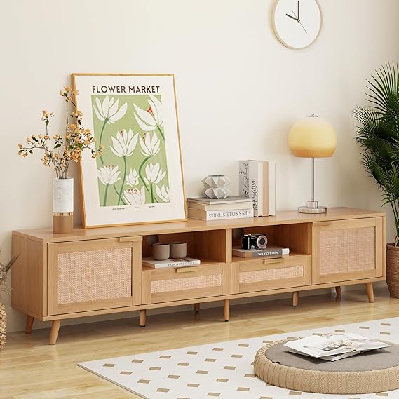 Rattan TV Stand for TVs up to 85'', Boho Entertainment Center with 2 Doors & 2 Drawers, Solid Wood Feet, Vintage Console Table for Living Room - Natural