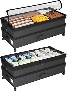 Kitstorack 2Pack Height-adjustable Under Bed Storage with Wheels, Under Bed Storage Containers,Under Bed Shoe Storage Organizer with Clear Window&Label, Suitable for Clothes Storage, Black