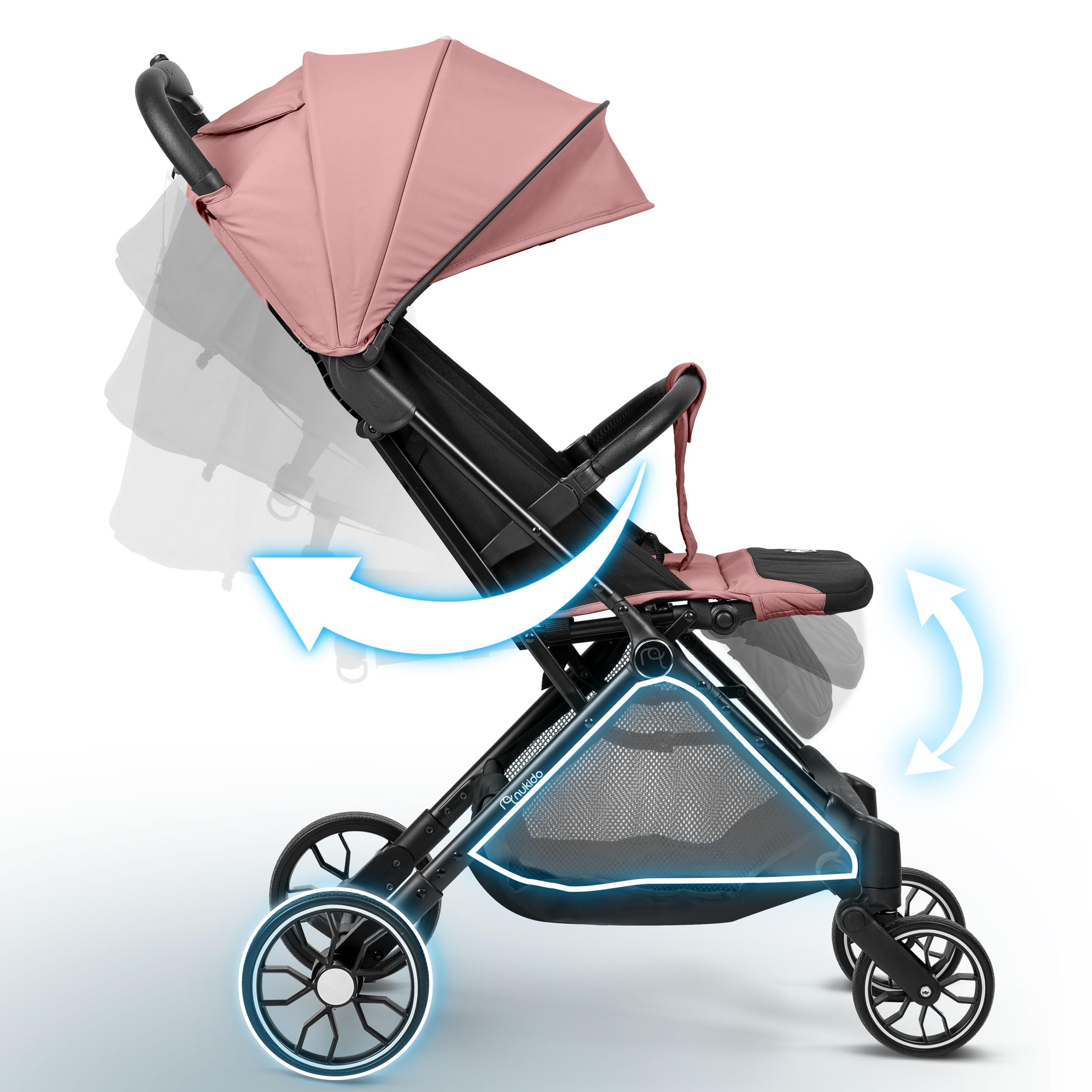 Nukido Passeggino per bambini 0-36 mesi 0-15 kg pieghevole automatico in 2 secondi ruote a 360° con ammortizzazione grandi ruote tuttofare rosa
