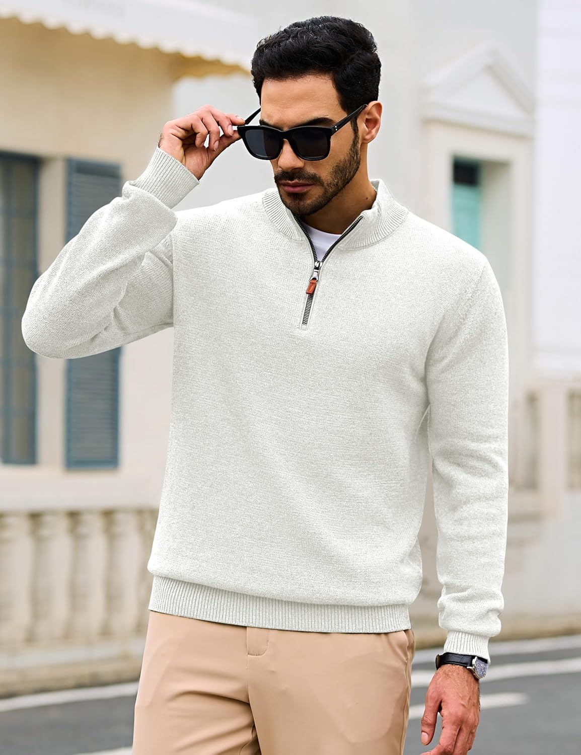 Cotrasen Mens Sweater Quarter Zip Pullover Casual Knit Cotton Long Sleeve Mock Neck Polo Sweaters - Image 3