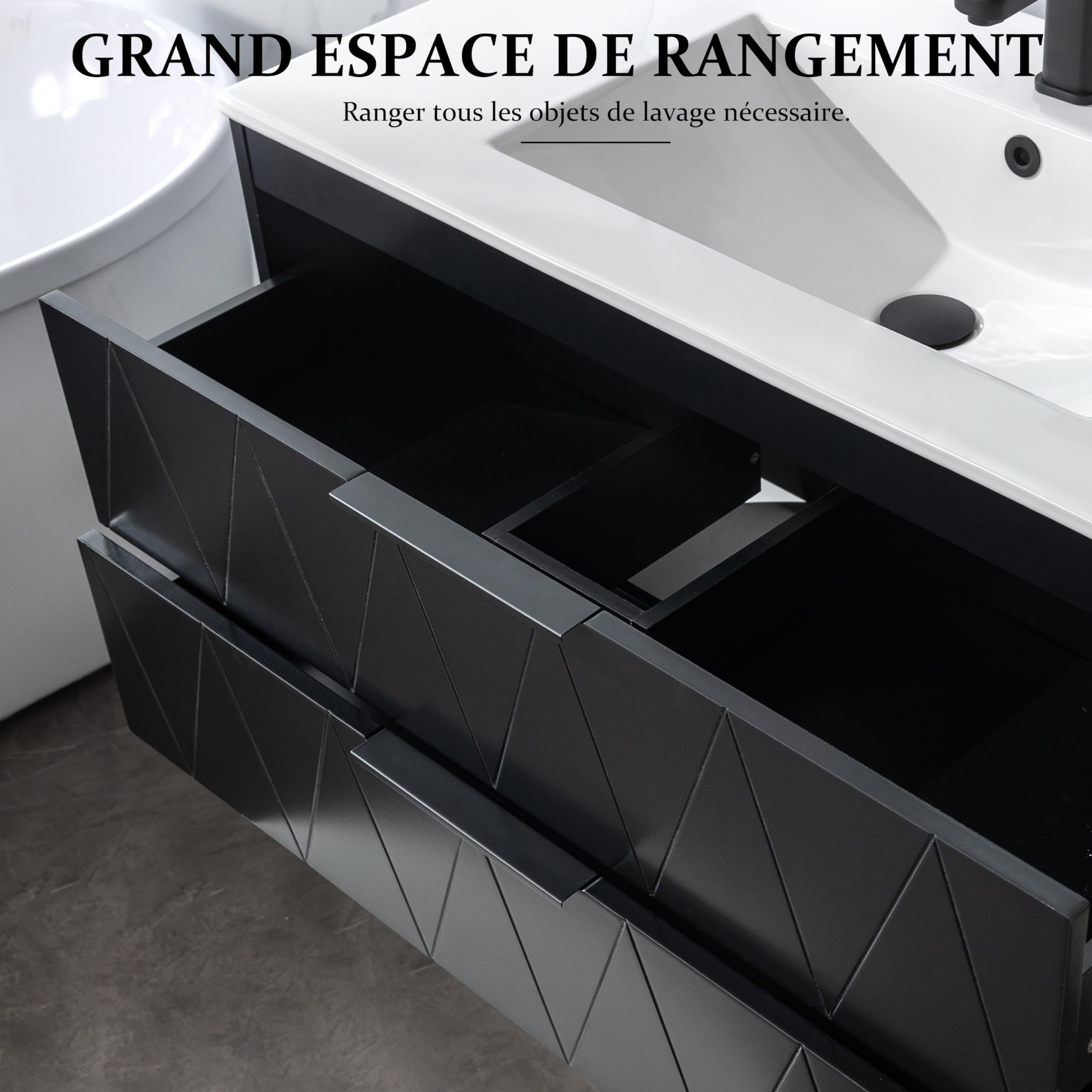 UEV Meuble sous Lavabo Suspendu 90cm, avec 2 Grands Tiroirs, Meuble Salle de Bain, Motif Ligne, Style Scandinave, Noir (Lavabo Non Inclus)