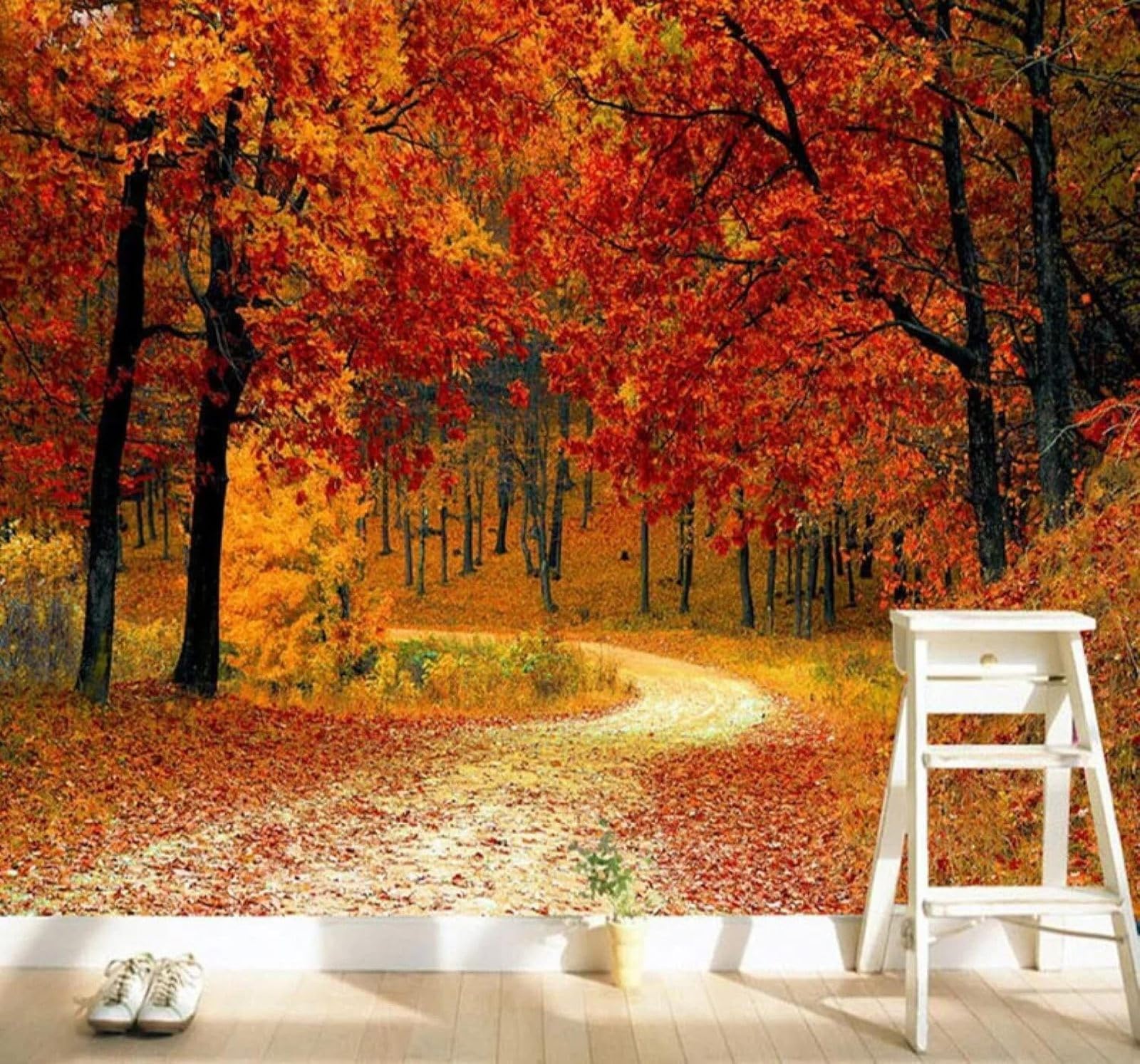 Xlming 400Cm×280Cm(B×H) Beautiful Late Autumn Red Maple Leaves Path 3D Wallpaper Luxury Silk Study Dining Feature Sofa Grey Bedroom Living Room Tv Decorative Wall-400Cm×280Cm
