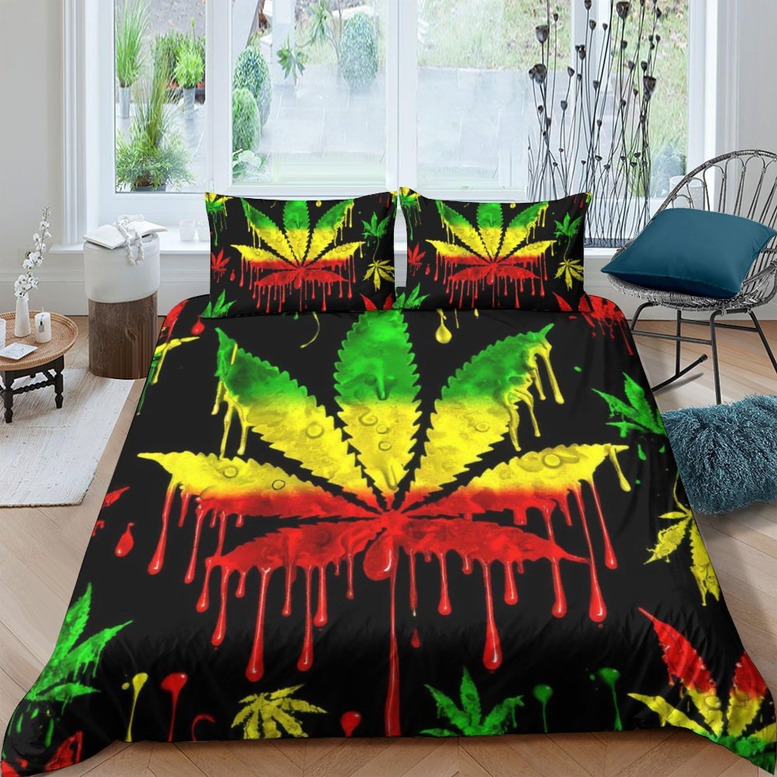 Ctjqhvkz Style-1 3D Printed Rasta Leaf Fitted Sheet Microfiber Soft Breathable Reggae Splash Mattress Cover Bedroom Decor Single（135X200cm）