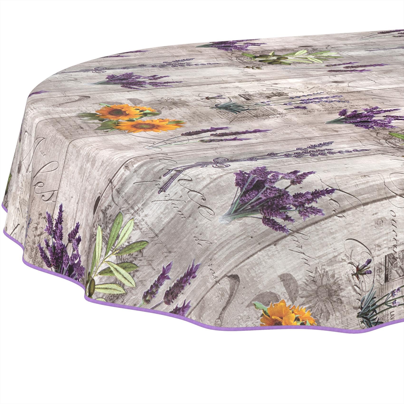 Nappe en Toile cirée - Lavable, Facile d'entretien et imperméable - Effet Lotus - Provence - Ovale - 160 x 140 cm - avec Ourlet (bordée)