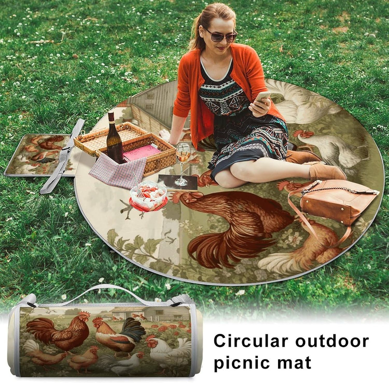 Chickens and Farm Picnic Mat Lightweight Waterproof Picnic Blankets Extra Large Picnic Outdoor Blankets Foldable Sandproof Beach Blanket for Park Beach Camping Courtyard 58.3''x58.3''