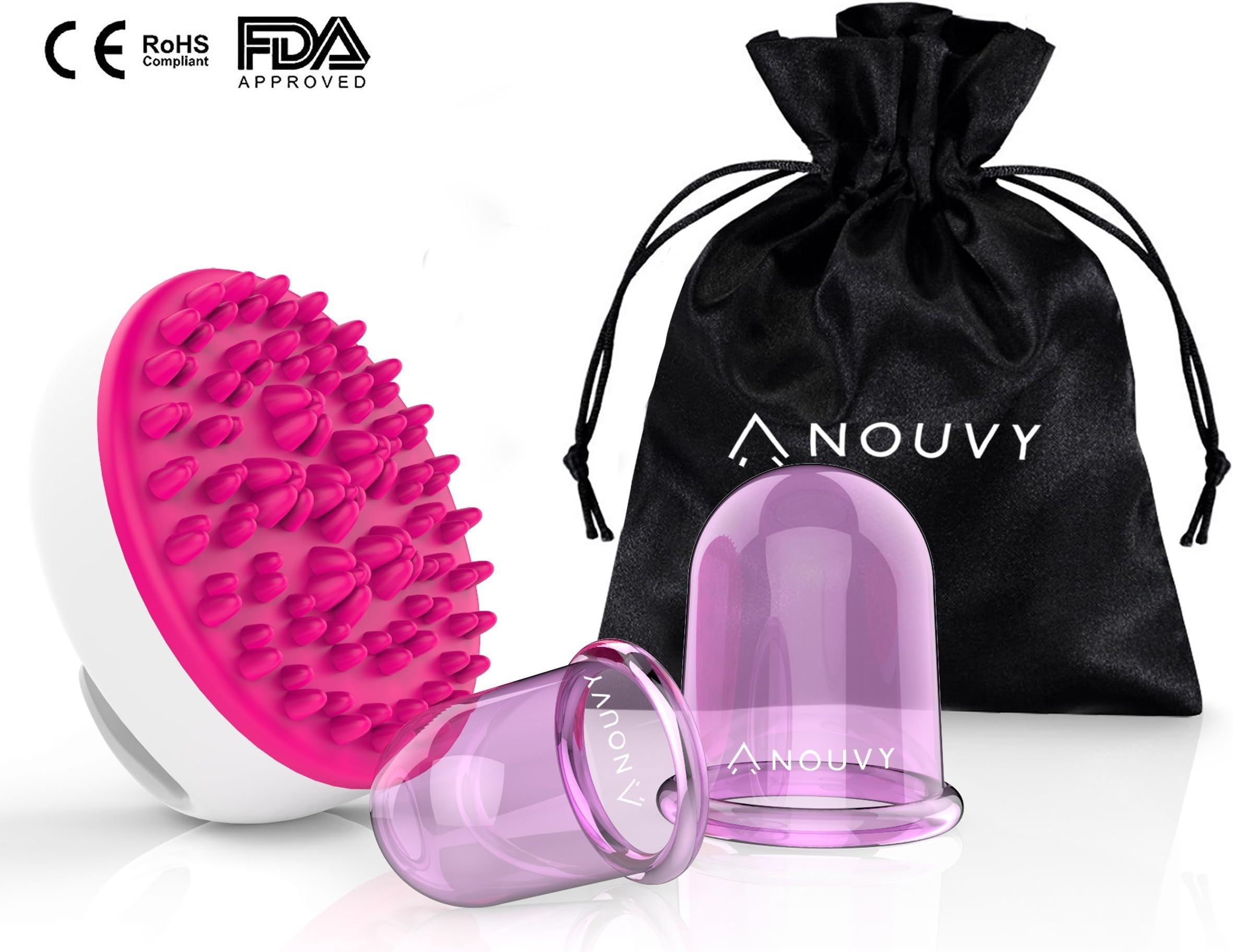Anti Cellulite Silicone Suction Cups & Brush for Cupping Body Massage Therapy: 2pc. Vacuum Cup Set + Cellulite Remover Shower Brush by NOUVY