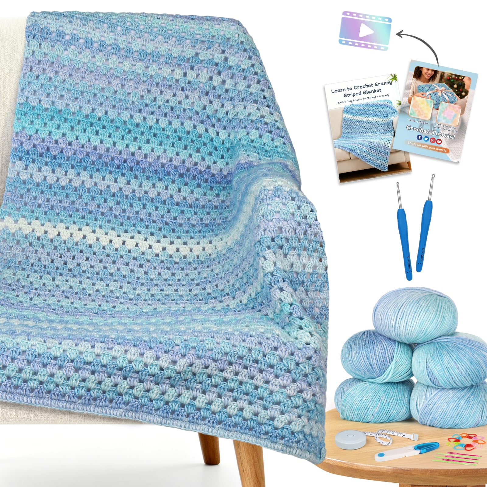Reessy Crochet Kit, Easy Starter Crochet Blanket Kit with Soft & Colorful Gradient Yarn Detailed Video Tutorials Crocheting Accessories, Complete Starter Crochet Kits for Beginners Adults-Aurora Blue