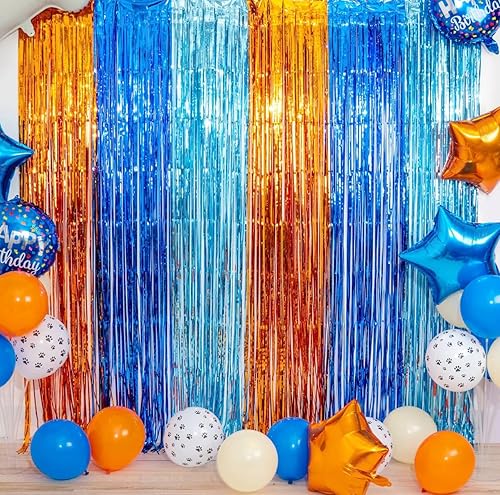 Miniatura 1 de Suministros para fiesta de cumpleaños de perro azul, cortinas de flecos de papel de aluminio de perro azul, 2 paquetes de serpentinas metálicas de