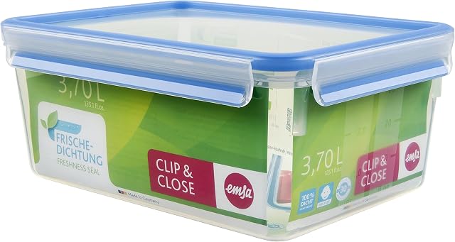 Emsa 508546 Clip & Close rectangular food storage container 3.7 litres, transparent/blue