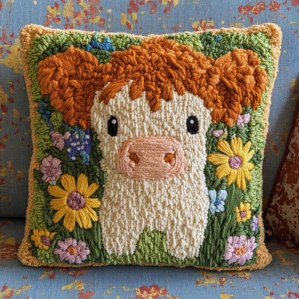 DIY Punch Needle Pillow Kit Cute Highland Cow and Wild Flowers with Pattern and Hoop Handmade Embroidery Punch Needle Starter Pillowcase Set for Home Sofa Decor 43x43cm-1-3