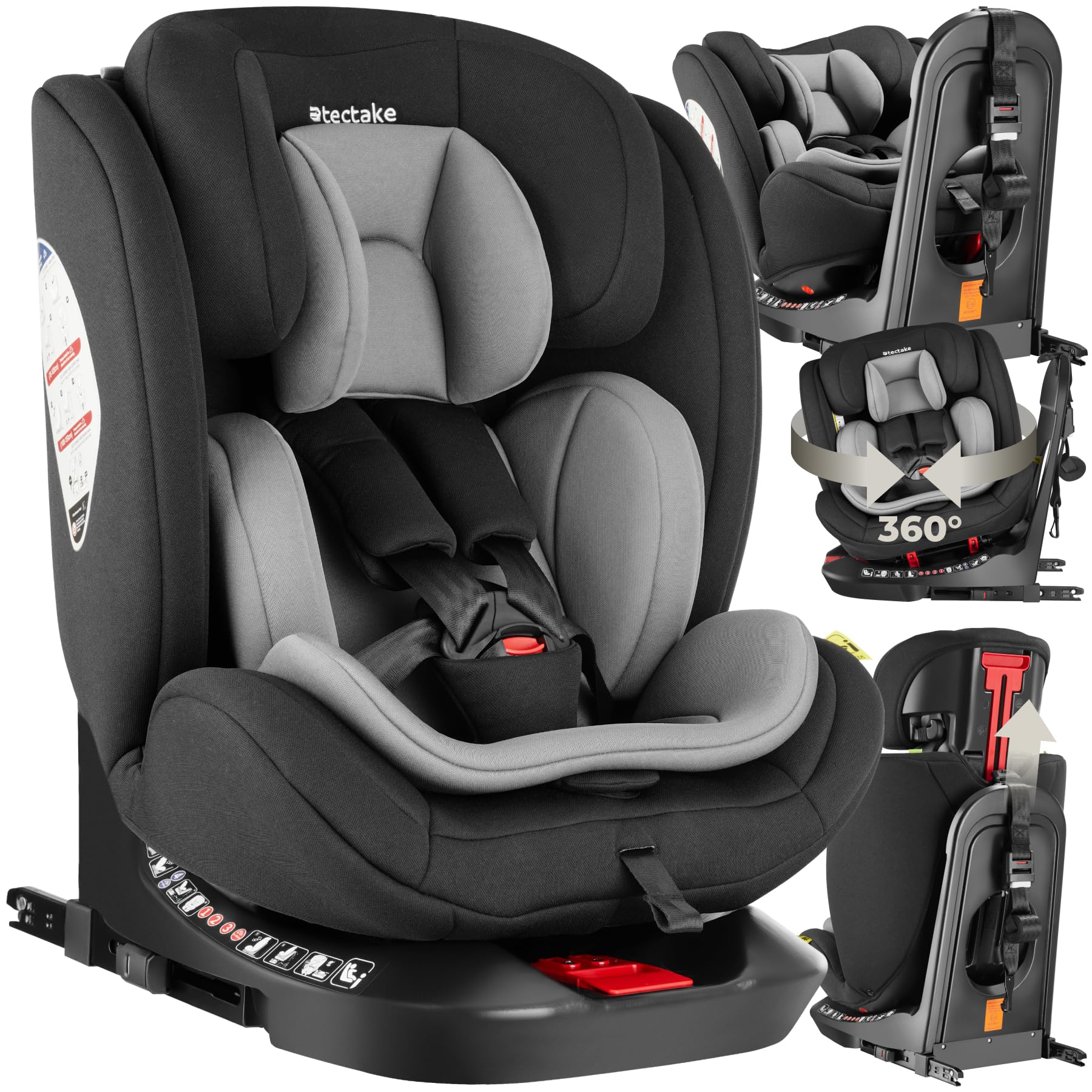 tectake® Seggiolino Auto I-Size con ISOFIX e Top Tether, Omologazione ECE R129, Protezione Impatti, Cintura sicurezza a 5 punti, Bambini da 40 a 150 cm, max 36 kg, girevole 360° - Grigio Chiaro/Nero