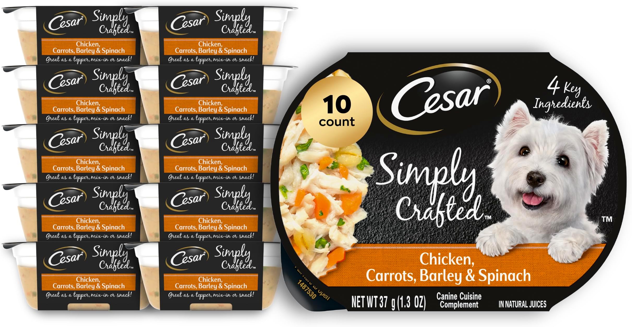 SIMPLY CRAFTED Adult Wet Dog Food Meal Topper, Chicken, Carrots, Barley & Spinach, 1.3oz., Pack of 10