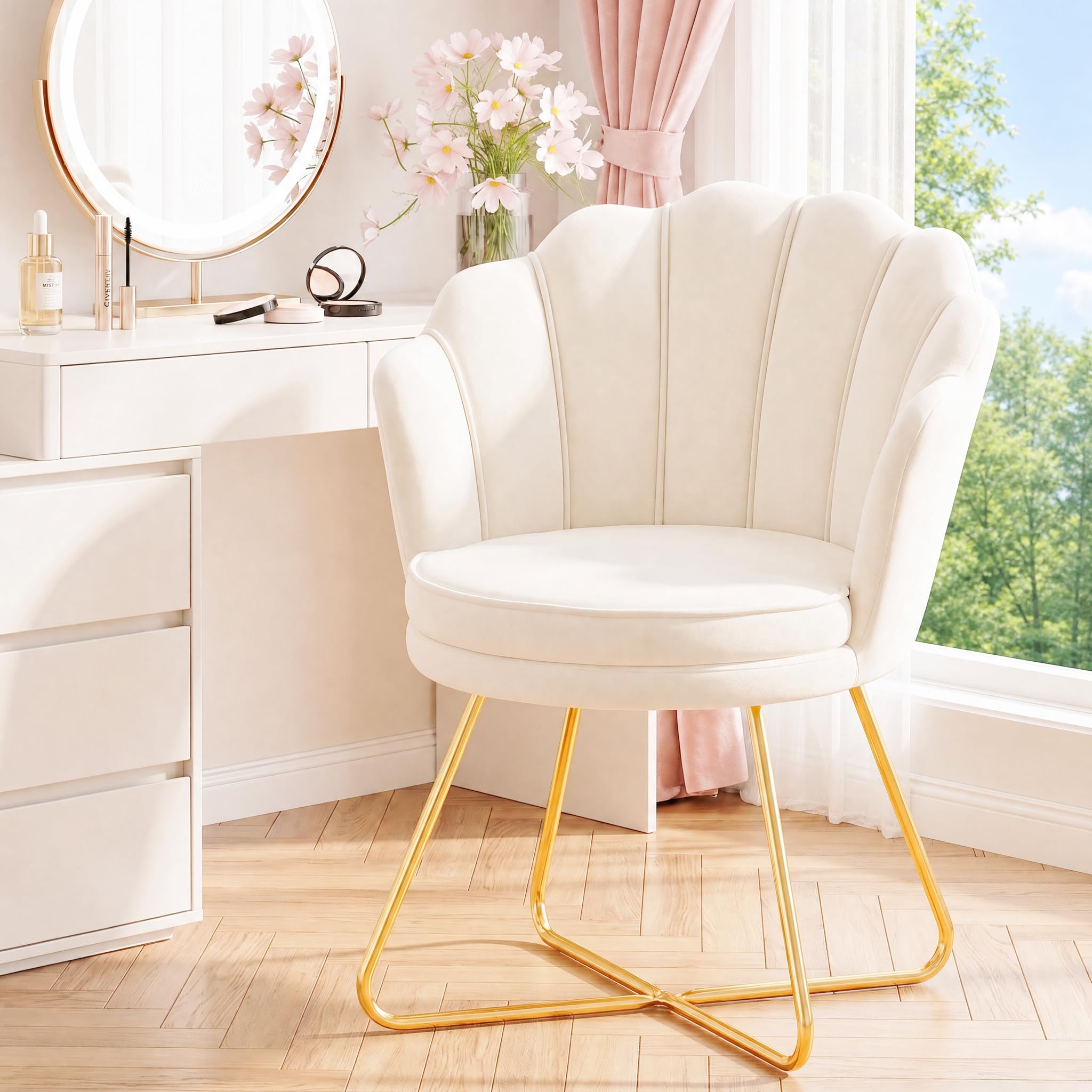 Hellove Sedia Trucco, Poltrona Conchiglia in Velluto con Placcato Oro Metallo Gambe, Moderno Poltrona Salotto con Seduta Morbida Imbottita per Camera da letto/Soggiorno/Vanità, Beige