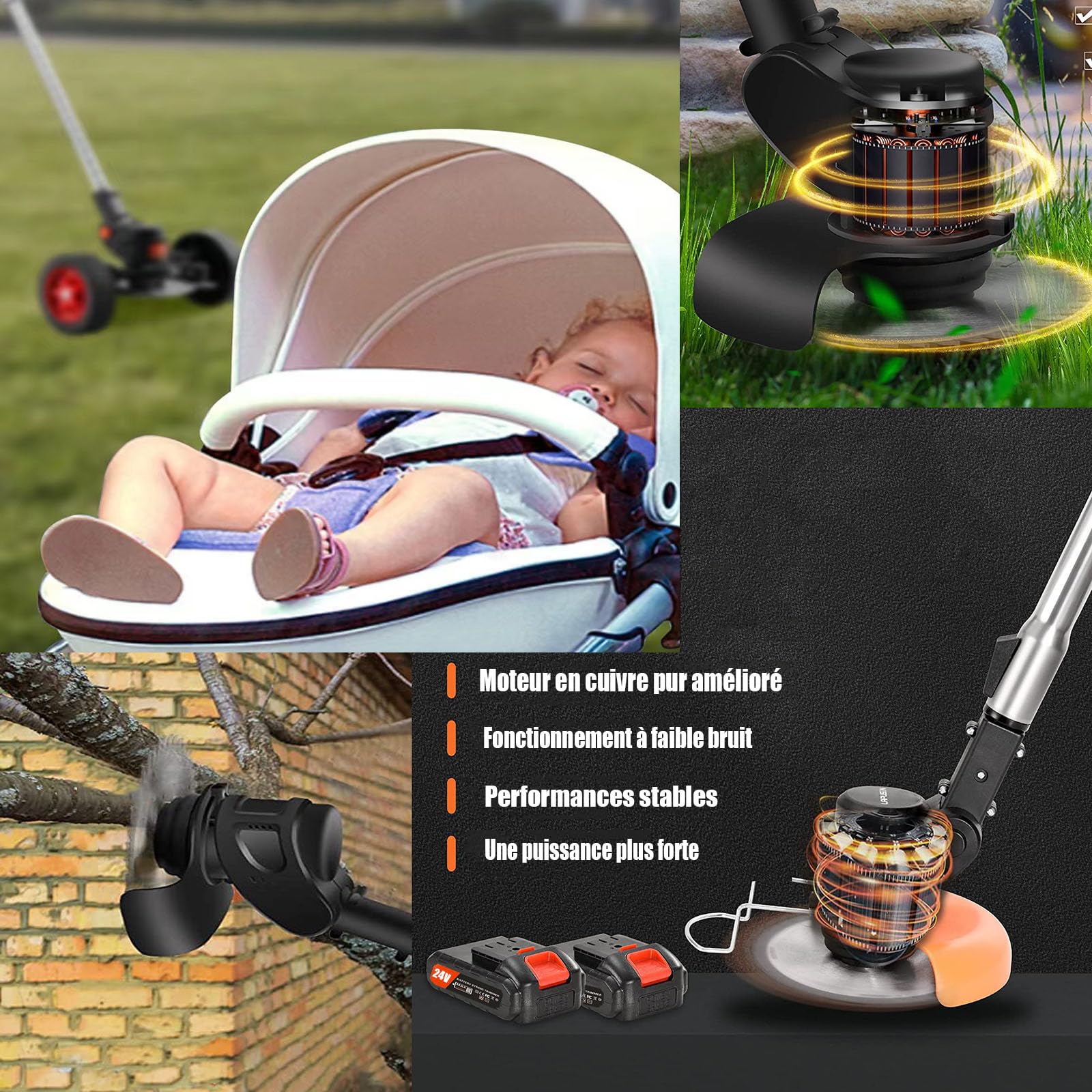 Coupe Bordure sans Fil avec Batterie Debroussailleuse Electrique sans Fil avec 2 pièces Batterie et 3 Types de Lames, pour la Coupe de Jardin, Pelouses et Terres Agricoles
