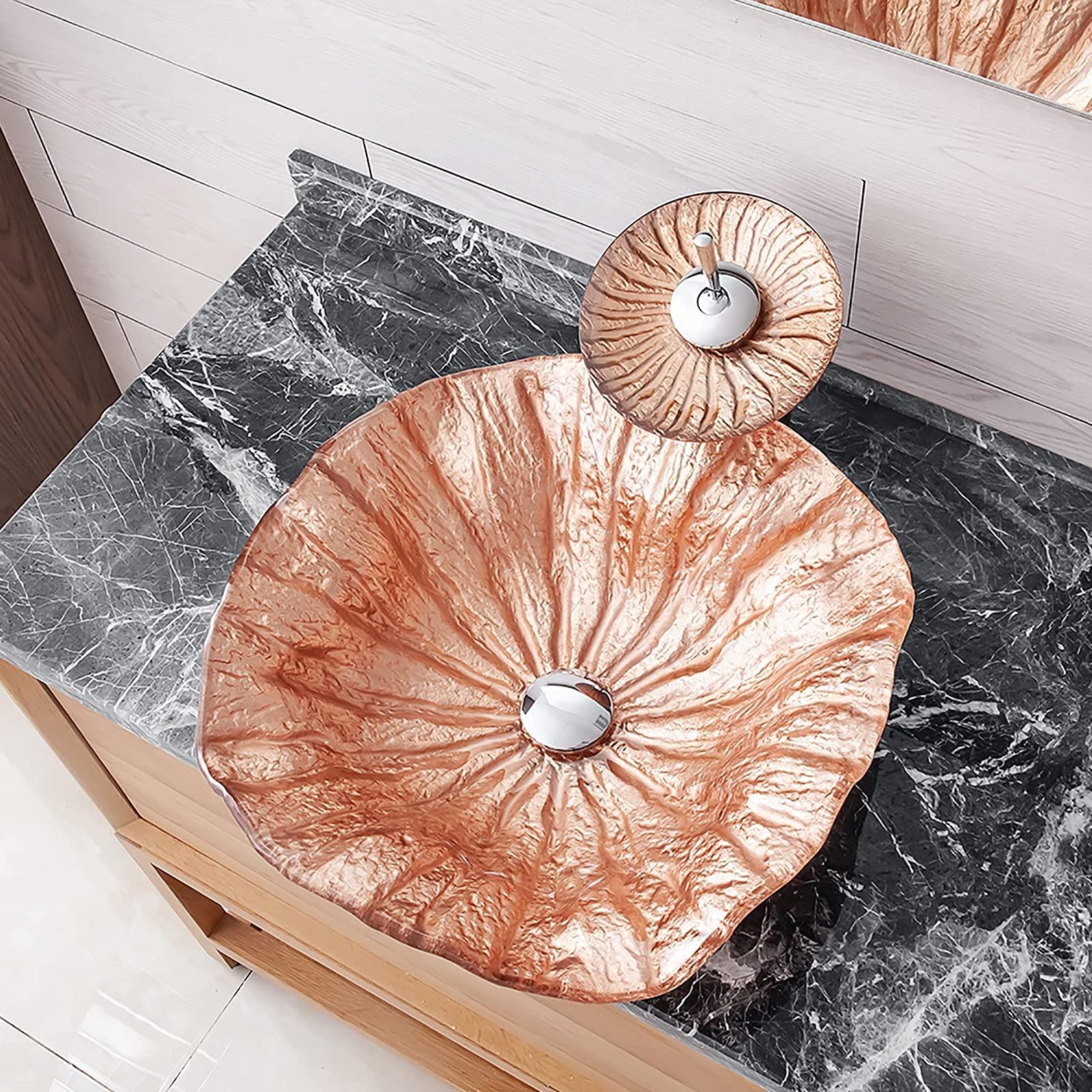 Lavabo de Recipiente para baño con Grifo y desagüe Combo Lavabo de Recipiente Lavabo de encimera de Vidrio Templado Lavabo de encimera de Forma Irregular Lavabo de Arte sobre encimera