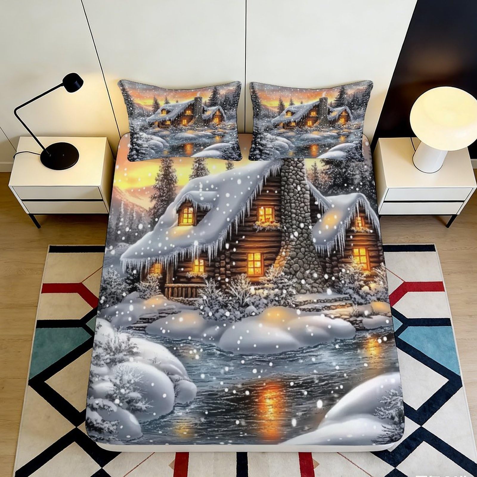 3D Printed Winter Cabin Fitted Sheet Microfiber Soft Snow Landscape Bed Cover for Bedroom Guest Room Decor 90x200x25cm