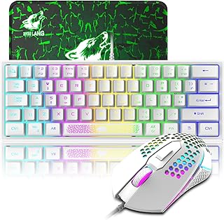 Gaming Keyboard and Mouse Combo Mini Portable with Chroma RGB Backlit Ergonomic 62Key Layout 19Key Anti-ghosting Mechanical Feel 3200DPI Honeycomb Mice USB Wired for PC Mac Gamer Laptop Typists(White)