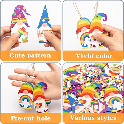 Miniatura 4 de Haooryx Adornos de gnomo de madera del orgullo gay LGBT 31 colgantes de madera de gnomo arco iris elfo con cuerdas, Love is Love is Love LGBTQ para