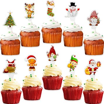 Christmas Cupcake Toppers | 30 Pcs Holiday Set | Xmas Santa, Gingerbread Man, Snowman Designs | Christmas Party Baking Decorations | Xmas Reindeer, Gnome, Elf plus Stocking Cake Toppers | By BASHOUT