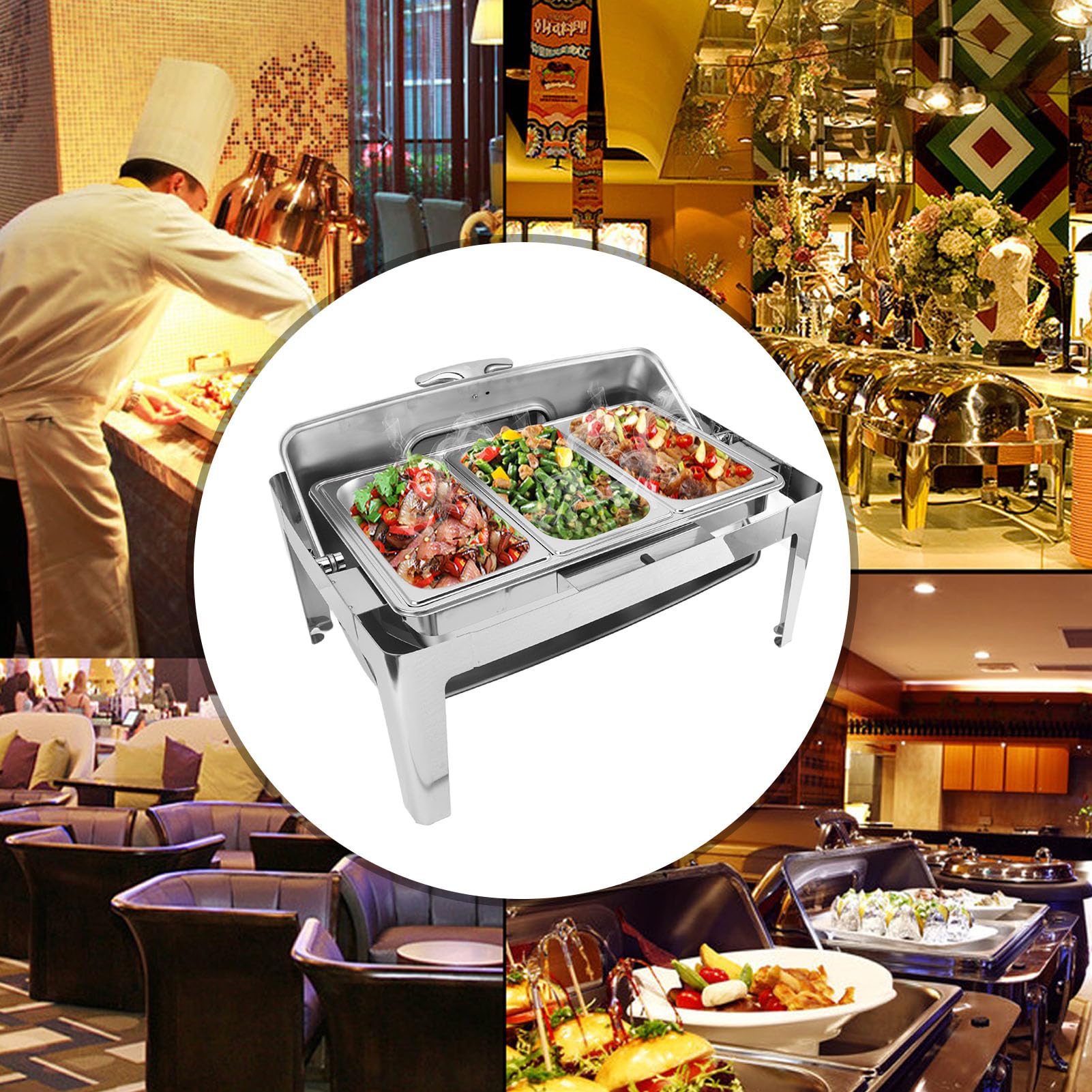 Chafing Dish, Edelstahl, Buffet-Chafer, 9 l, Buffet, Gastronomie, Speisenwärmer, transparenter Glasdeckel, Alkohol-Heizung, rechteckig (Silber)