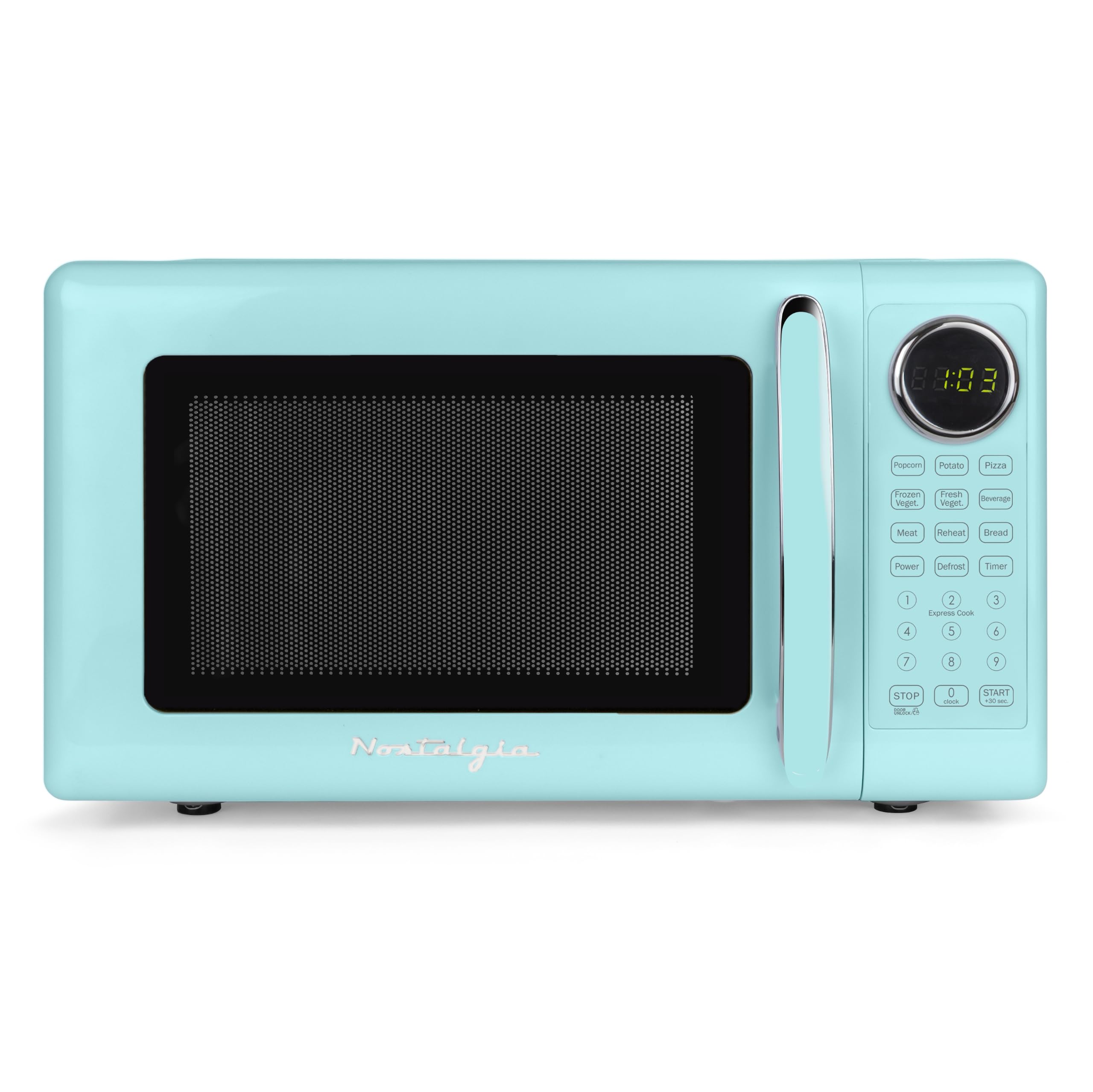 Nostalgia Retro 700W Microwave Oven – 0.7 Cu Ft Capacity – Child Safety Lock, 8 Auto-Cook Settings, Square Window – Countertop Kitchen Appliance – Aqua