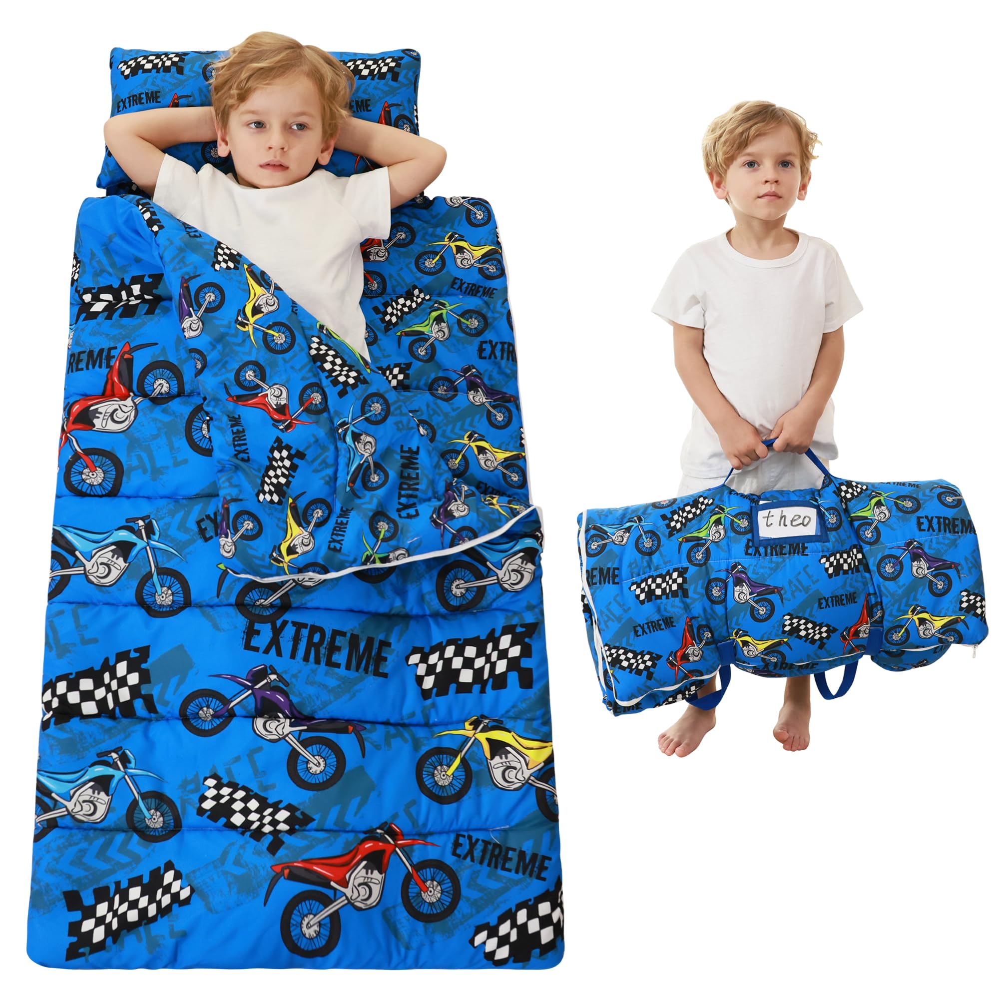 Toddler Nap Mat for Preschool 50''x30'' Sleeping Mat with Removable Pillow and Minky Blanket for Kids Ages 3-7 Roll Up Soft Sleeping Bag for Boys Girls Kindergarten Daycare Sleepover