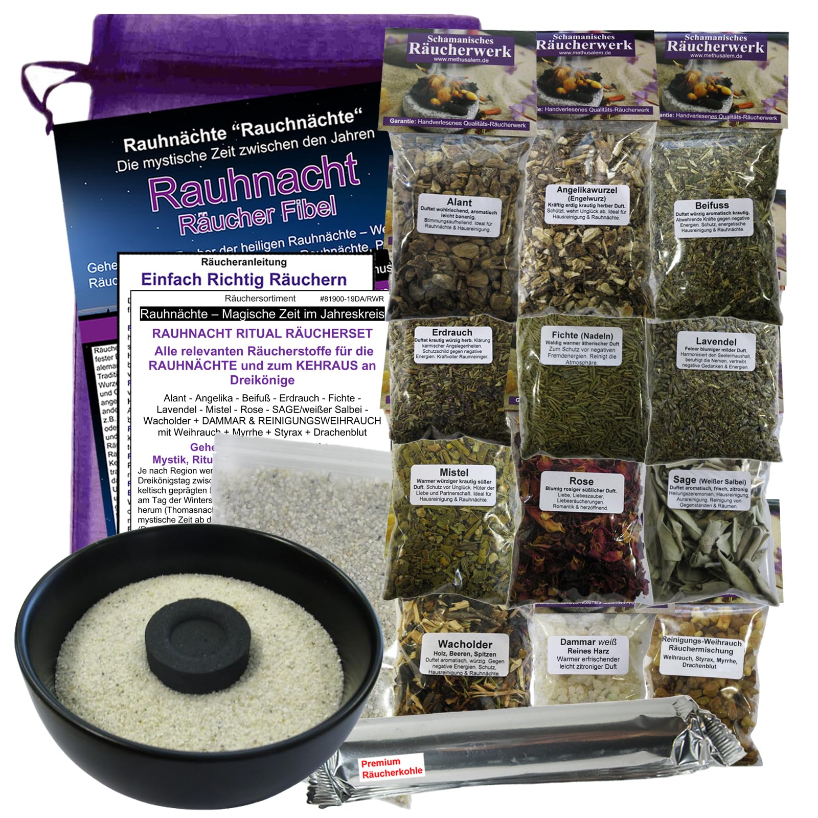 RAUHNÄCHTE Räucher Sortiment zum Ausräuchern 19-TLG Rauhnacht Set - 12x Räucherwerk mit Angelika, Sage, Weihrauch, Myrrhe, Styrax UVM. 7X ZUBEHÖR mit RÄUCHERSCHALE. 81900-19S