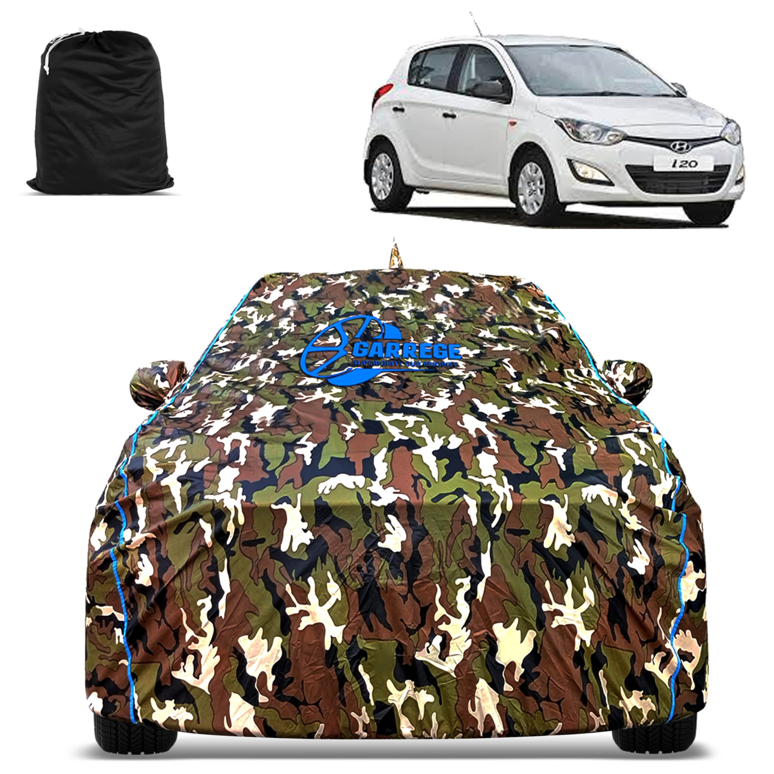Old I20 Car Body Cover Waterproof with Mirror and Antenna Pocket and Soft Cotton Lining (Full Bottom Elastic Triple Stitched) (Jungle Print with Blue Piping)-image-20