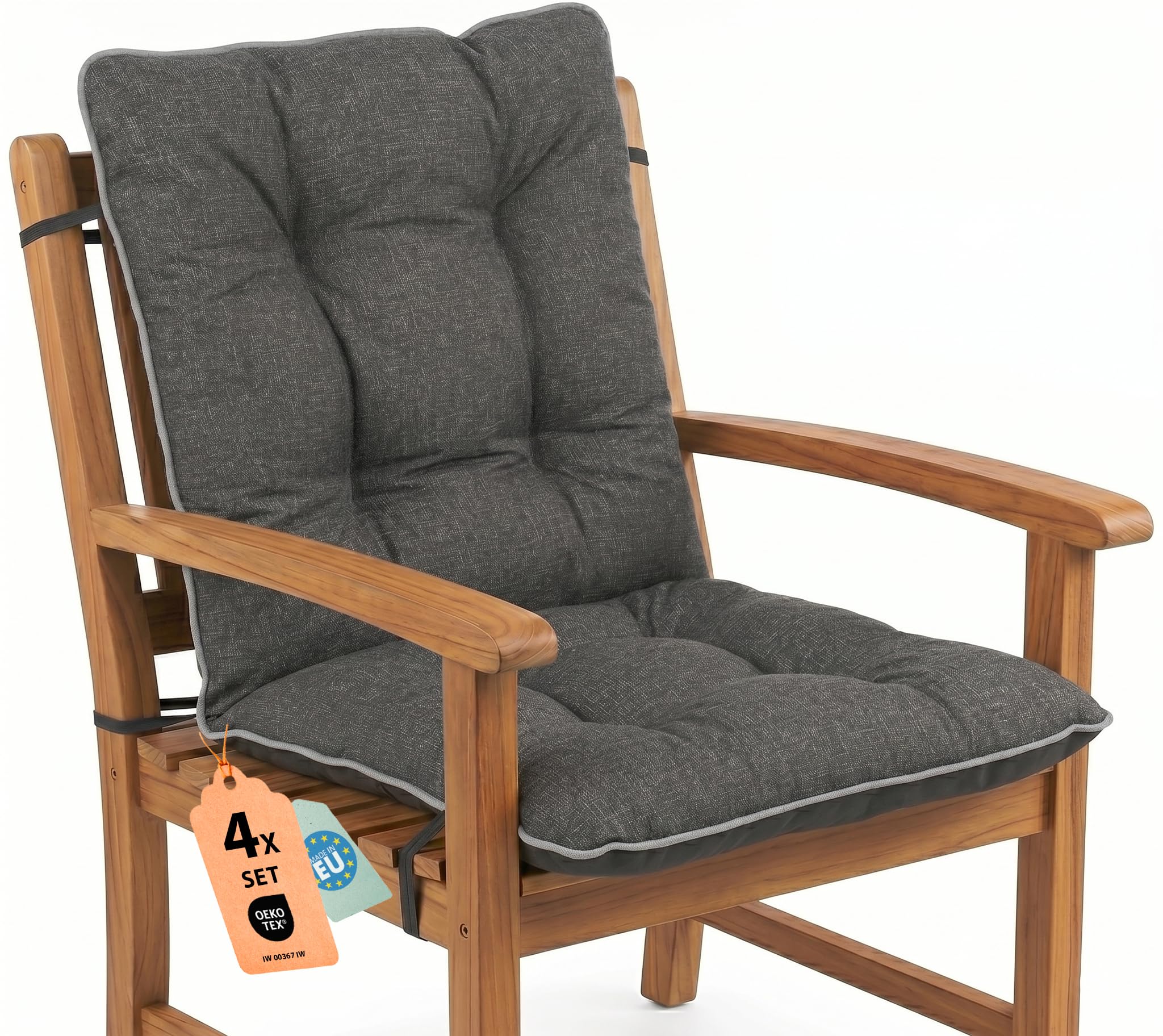 SuperKissen24. Set di 4 Cuscini per Sdraio 48x48x48 cm da Esterno ed Interno Resistente e Comodo per Sedie Reclinabili, Spiaggine e Poltrone da Giardino - Lino Nero