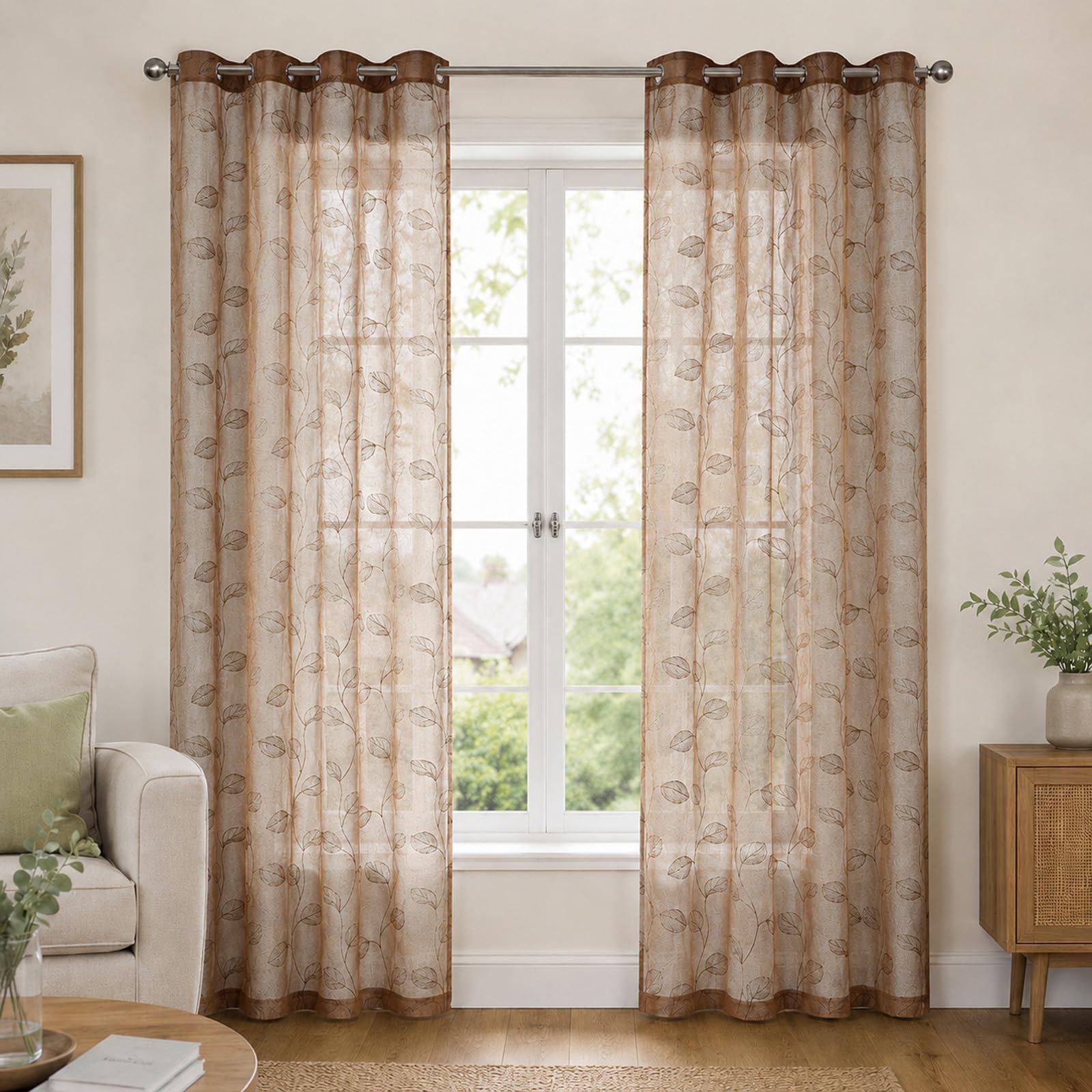 SSWH Sheer Voile Curtains with Embroidered Pattern, Semi Transparent Net Curtains, Voile Sheer Panels for Bedroom Living Room with Eyelet(Size:132x214cm/W 52" x L 84" (2 Panels),Color:Coffee)