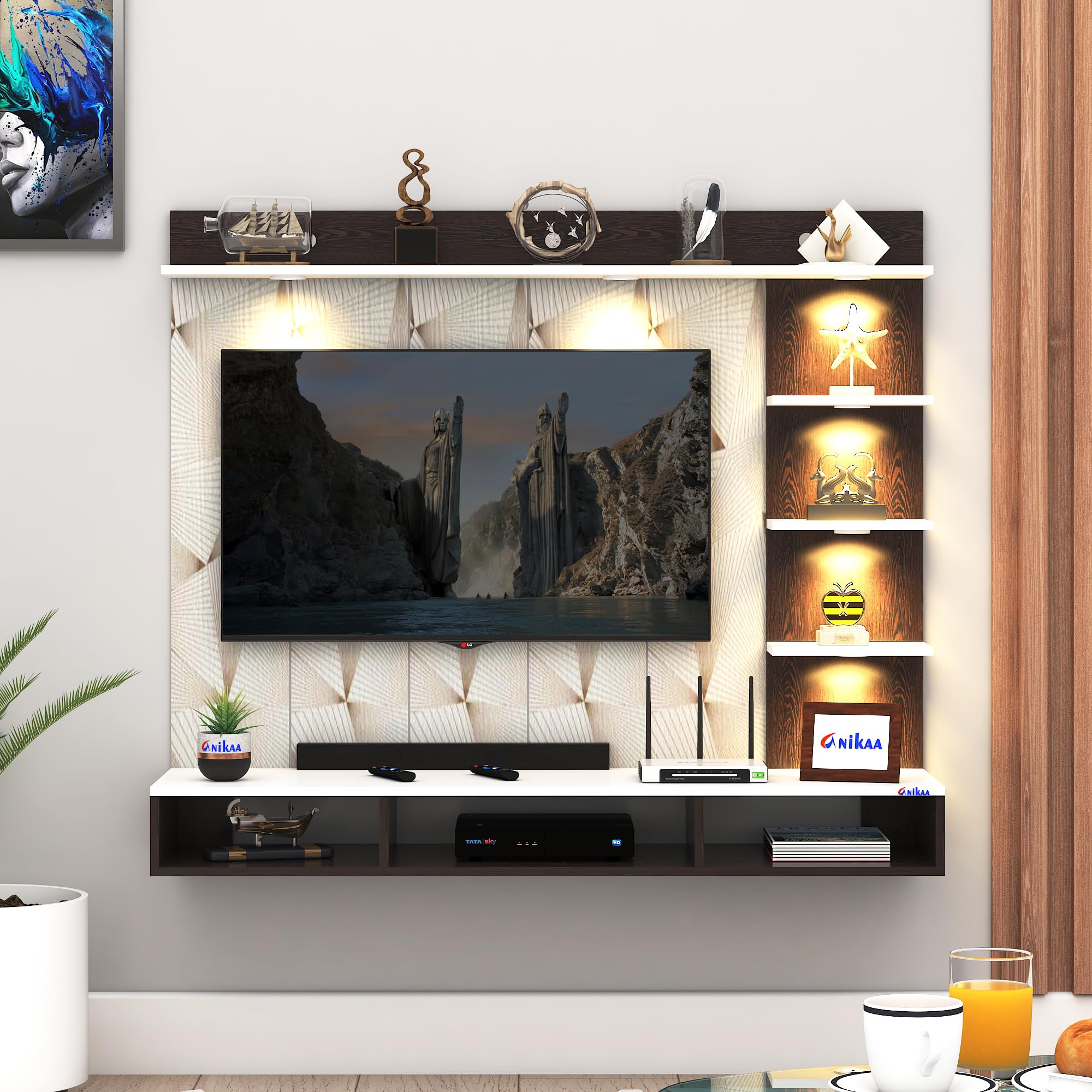 Anikaa Tyron Engineered Wood Wall-Mount TV Unit with PVC Back Panel & LED Lights | TV Cabinet with Storage Box & Decorative Shelves (Wenge/White) | Ideal for TVs up to 43 Inch | DIY Installation-image-14