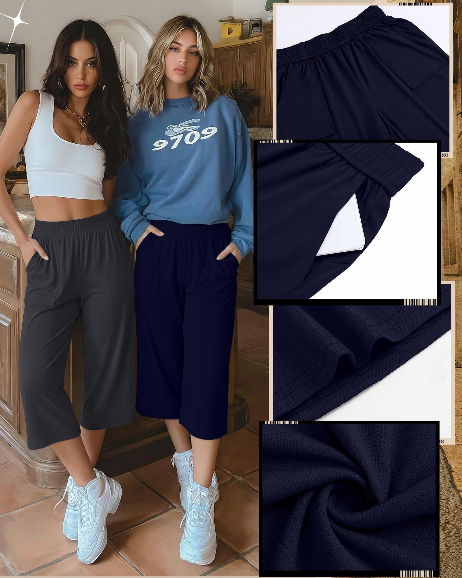 Neer Lot de 3 capris capris en coton pour femme - Pantalon de yoga confortable à jambe large et décontractée avec poches