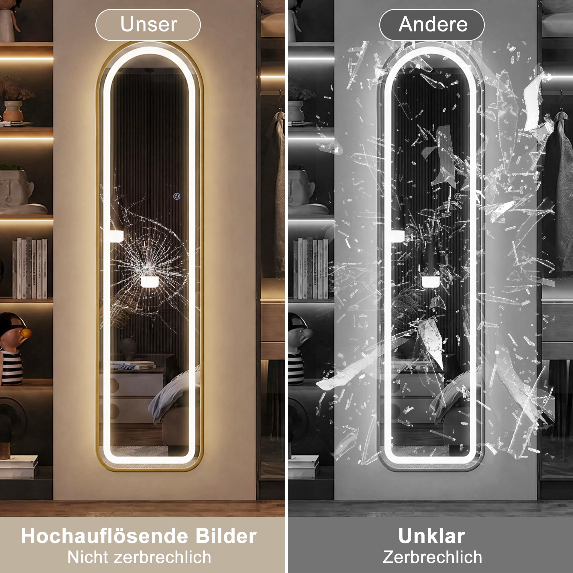 Arc Miroir complet avec éclairage LED - 150 x 40 cm - Doré - Miroir sur pied moderne avec 3 modes de couleur à intensité variable - Suspendu/debout/incliné - Grand miroir mural pour chambre à