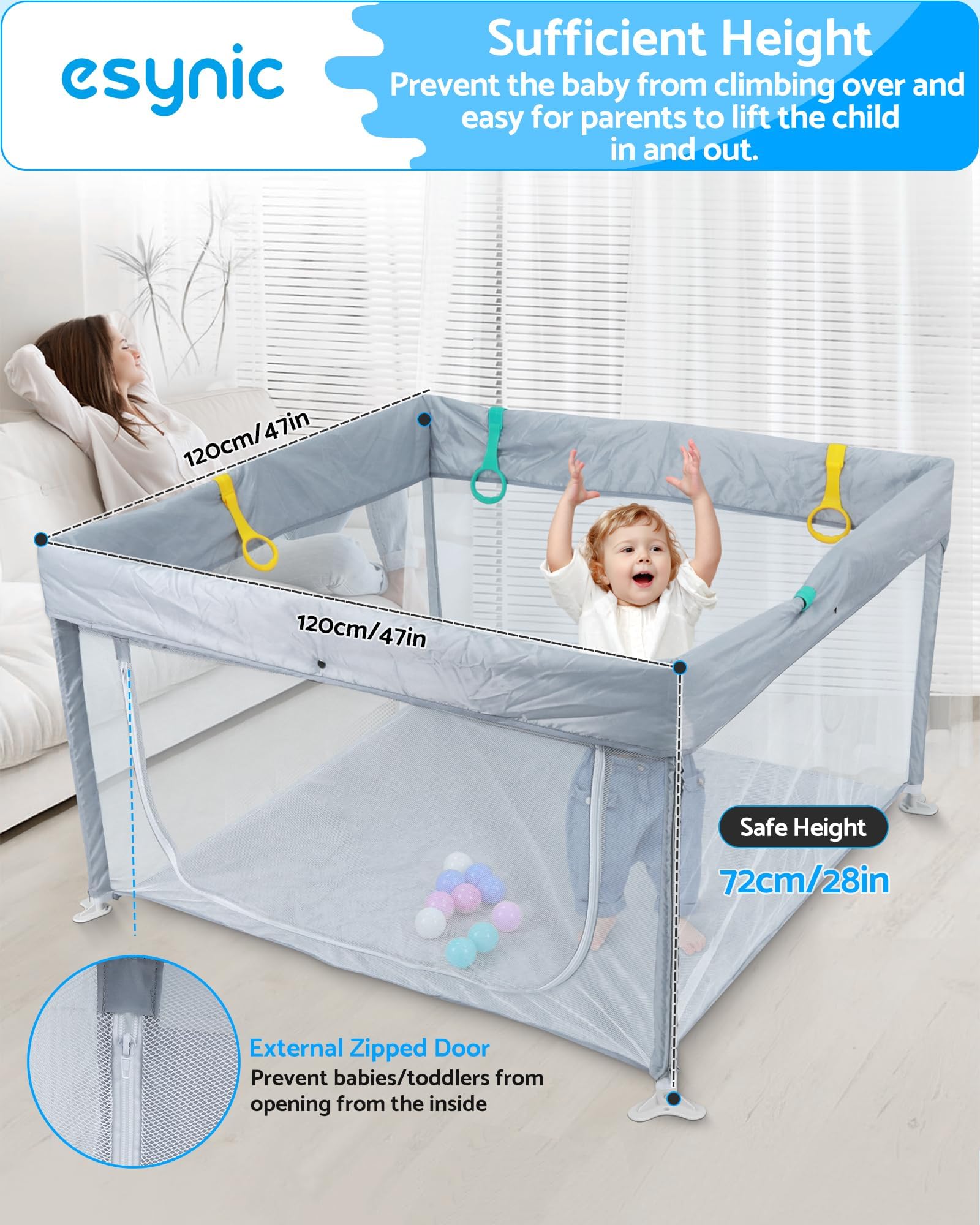 eSynic Corralito Bebé Portátil 120x120cm, Parque Infantil Plegable con 10 Bolas, Malla Transpirable, 4 Agarraderas y Bolsa Transporte - Juegos Seguros para Bebés